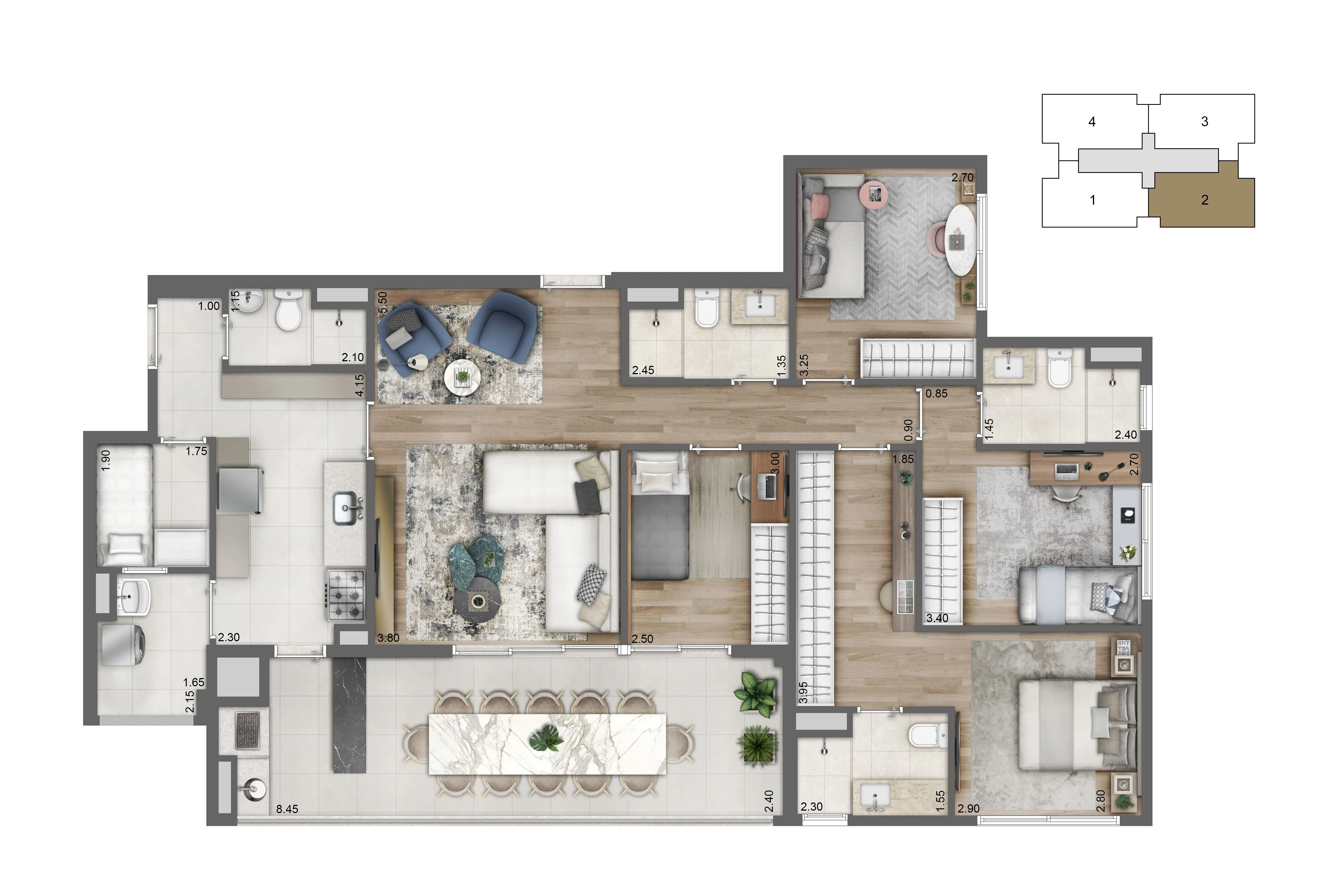 Planta-tipo 136 m² | 4 dorms (2 suítes)