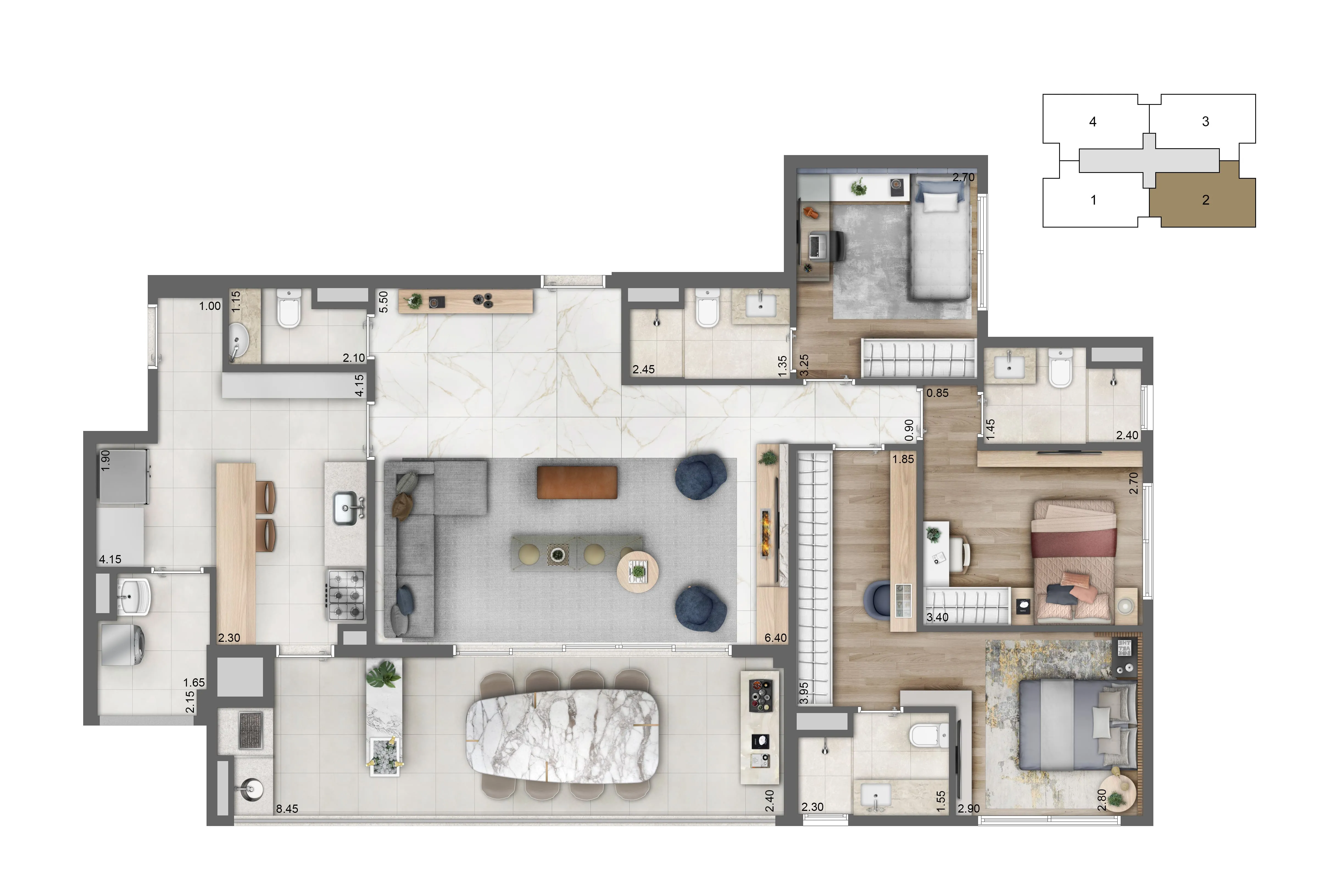 Planta opção 136 m² | 3 suítes