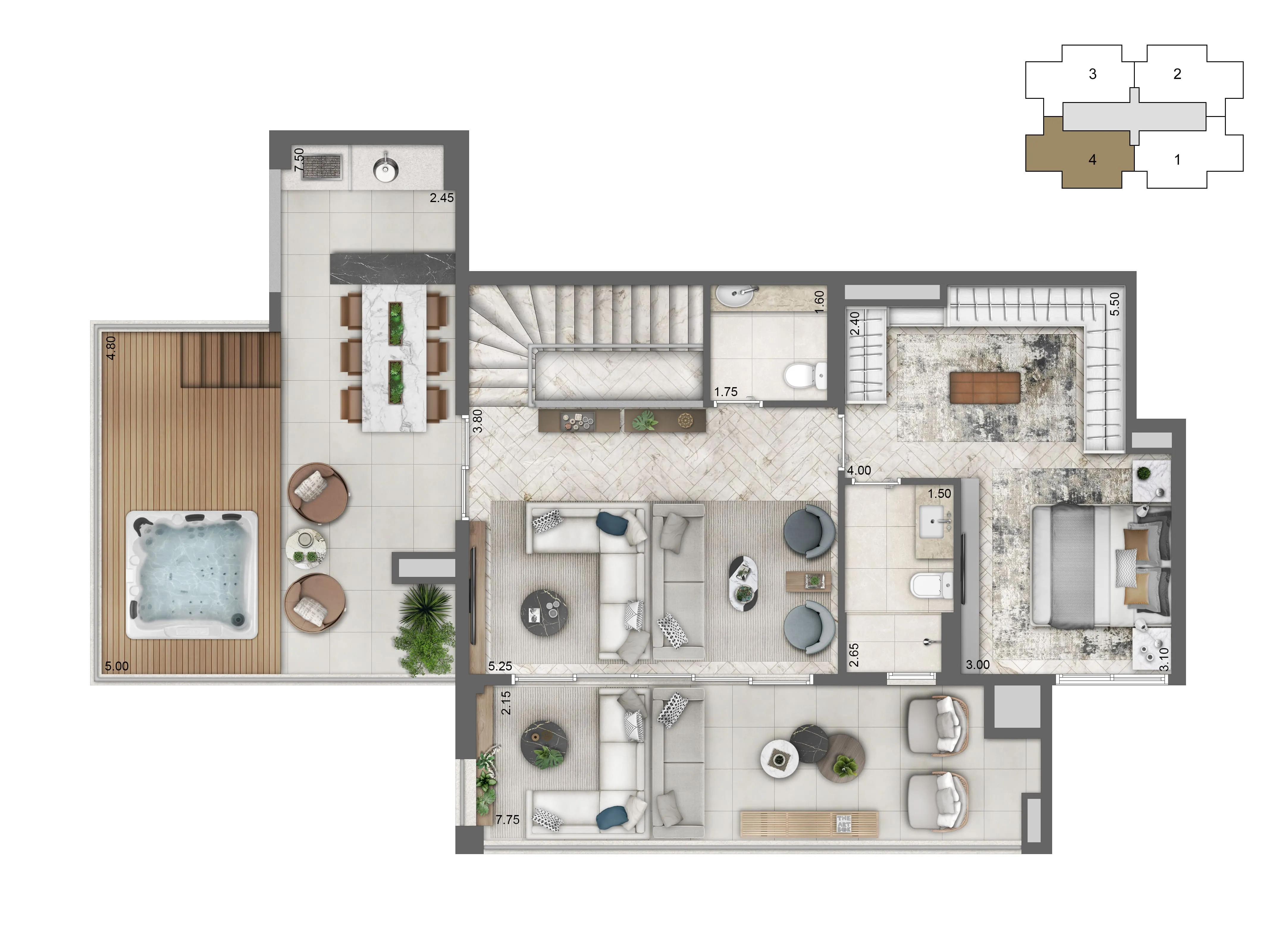 Planta Duplex Pavimento Superior 224 m² | 3 suites)