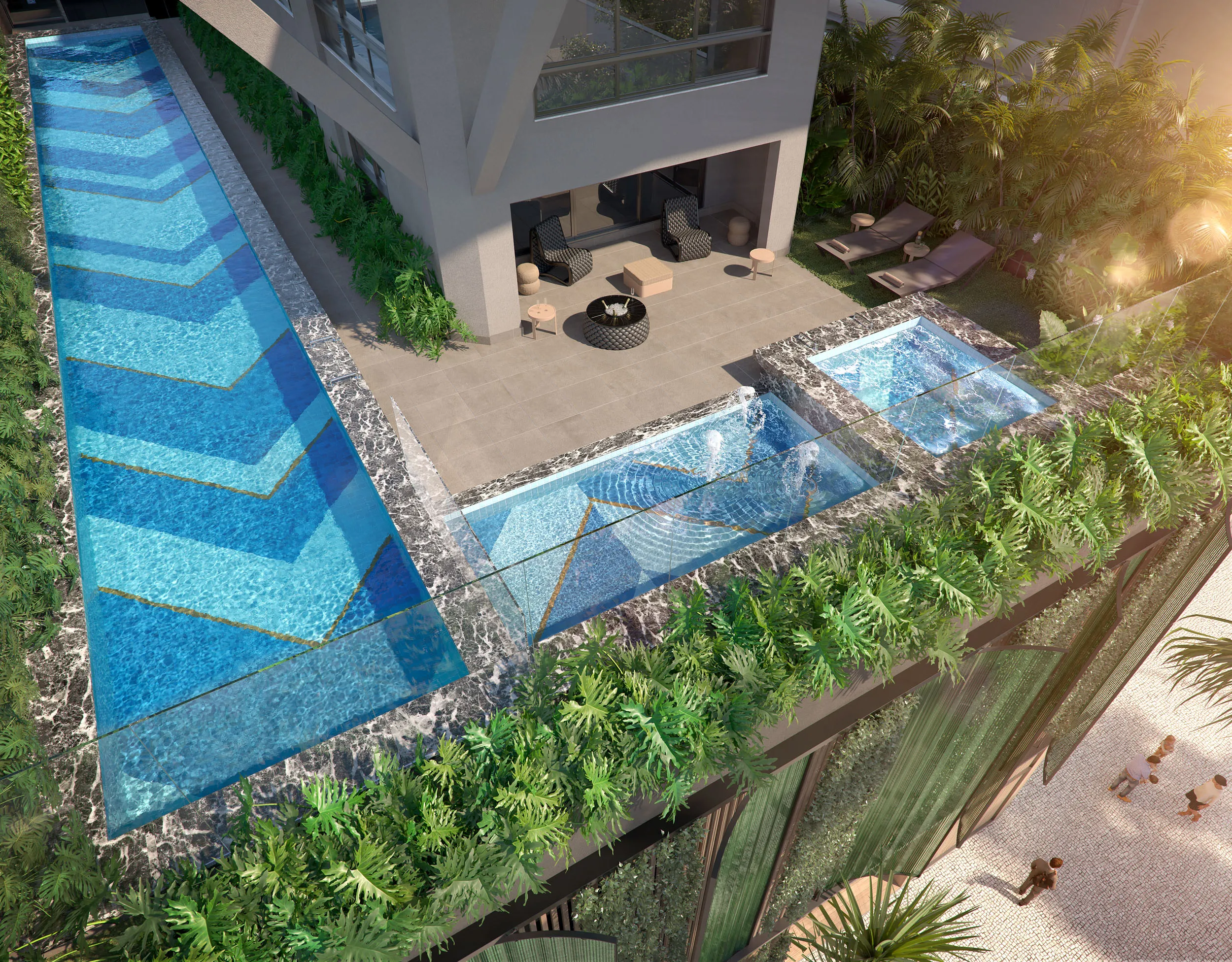 Ilustração Artística Aérea da Piscina, Spa e Lounge Externo