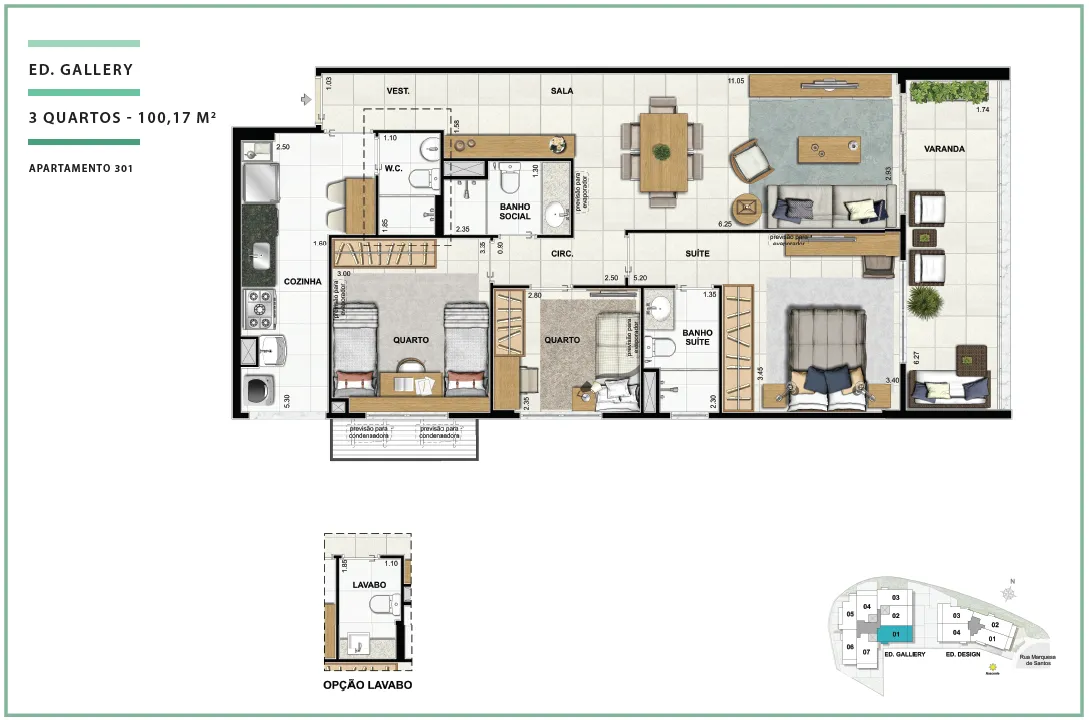 Área Privativa 100,17m² - 03 quartos - ED. GALLERY (APTOS)