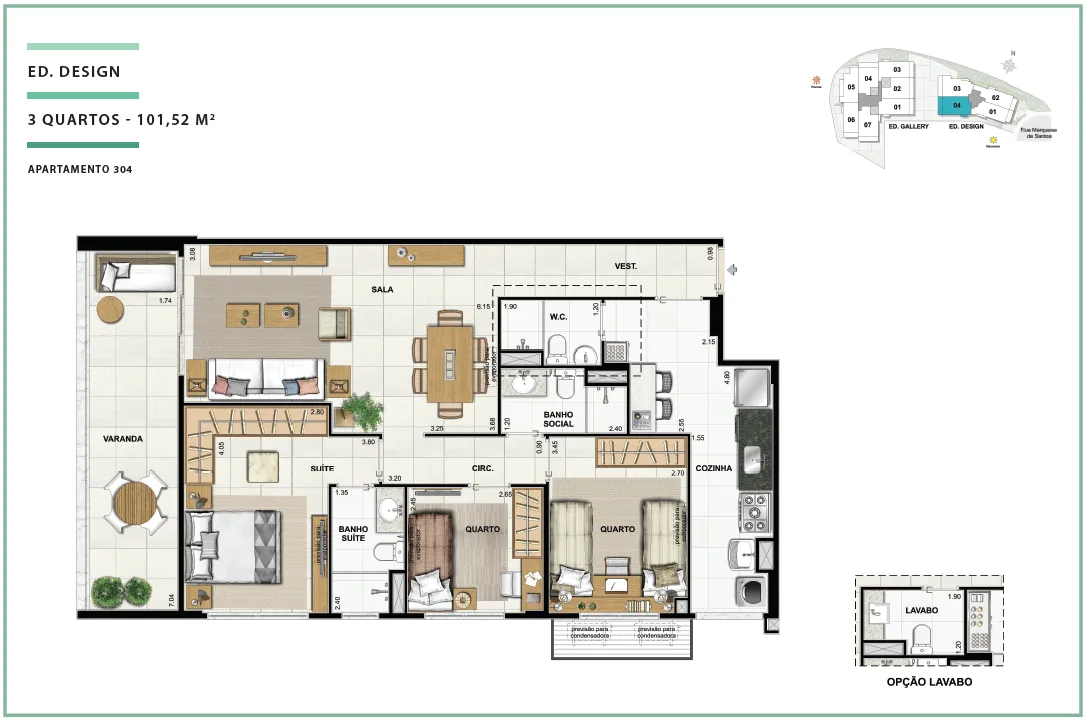  Área Privativa 101,52m² - 03 quartos - ED. DESIGN (APTOS)