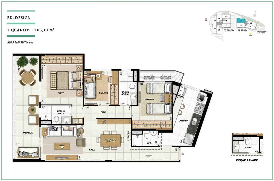 Área Privativa 103,13m² - 03 quartos - ED. DESIGN (APTOS)