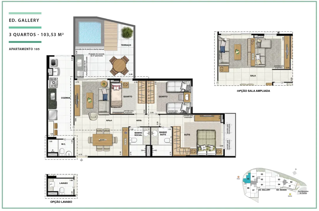 Área Privativa 103,53m² - 03 quartos - ED. GALLERY (TERRACES)