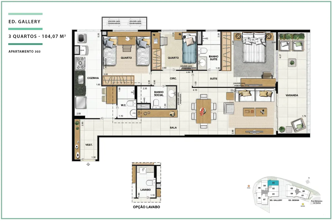 Área Privativa 104,07m² - 03 quartos - ED. GALLERY (APTOS)