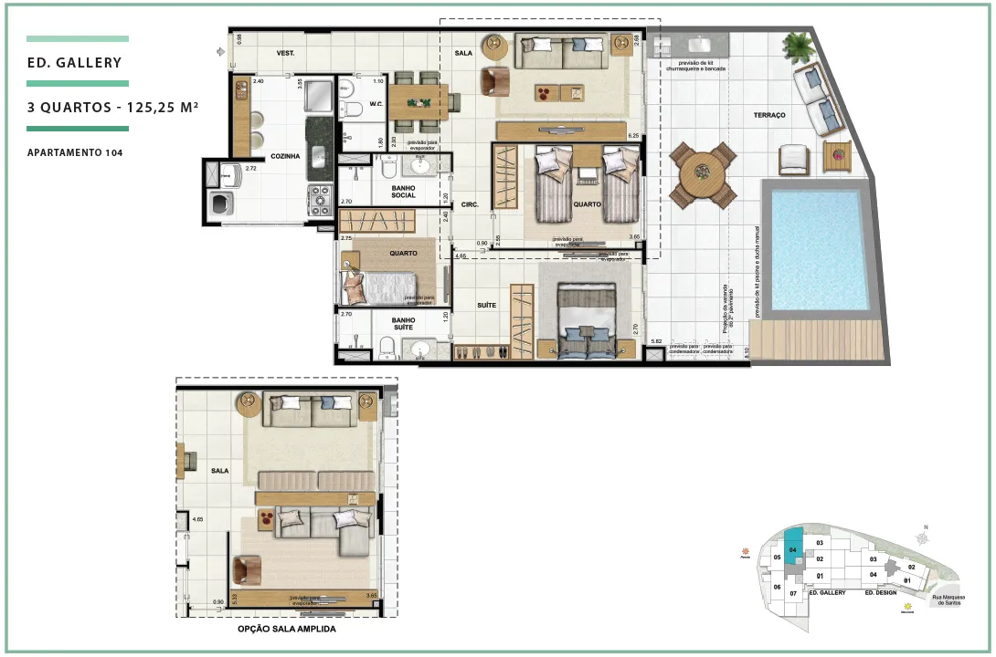 Área Privativa 125,25m² - 03 quartos - ED. GALLERY (TERRACES)