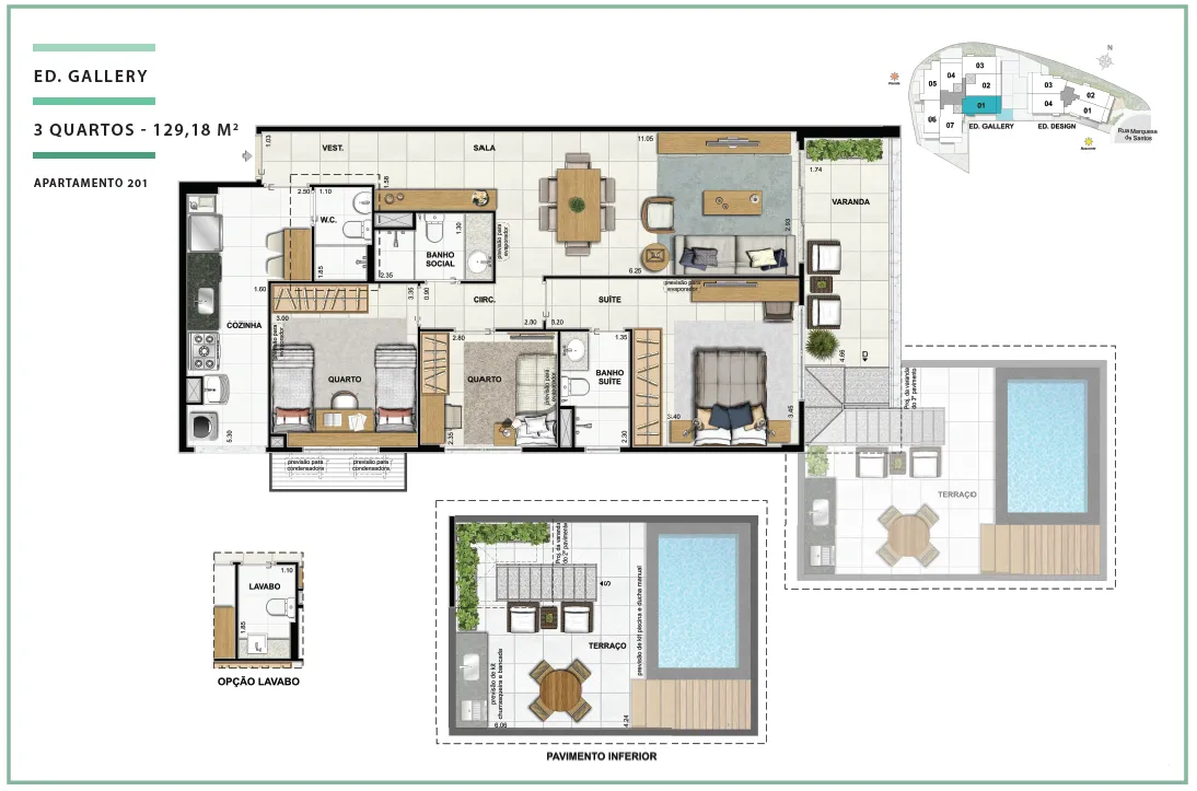 Área Privativa 129,18m² - 03 quartos - ED. GALLERY (TERRACES)