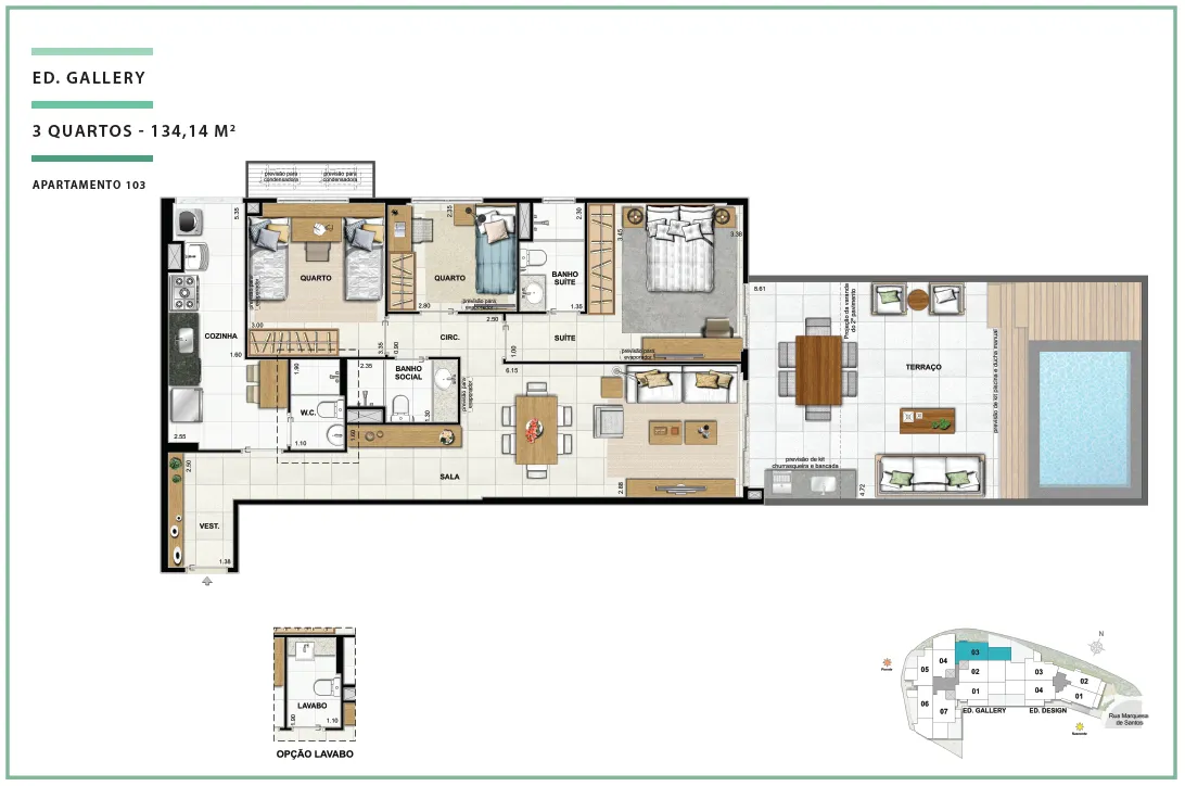 Área Privativa 134,14m² - 03 quartos - ED. GALLERY (TERRACES)