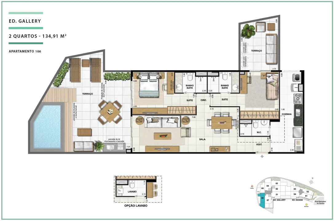  Área Privativa 134,91m² - 02 quartos - ED. GALLERY (TERRACES)