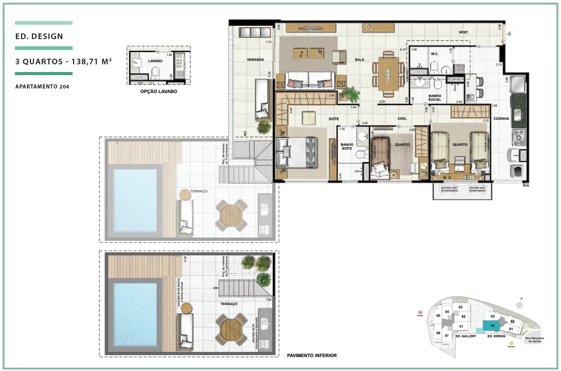 Área Privativa 138,71m² - 03 quartos - ED. DESIGN (TERRACES)