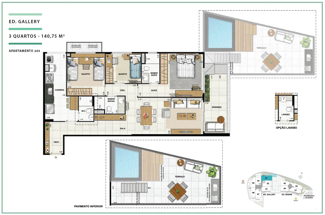 Área Privativa 140,75m² - 03 quartos - ED. GALLERY (TERRACES)