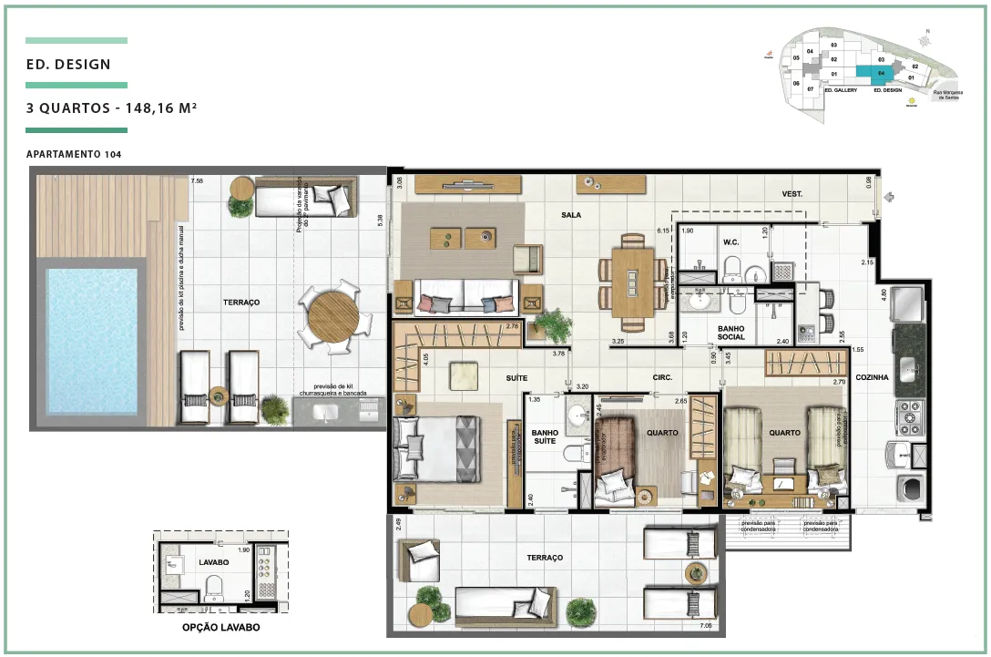 Área Privativa 148,16m² - 03 quartos - ED. DESIGN (TERRACES)