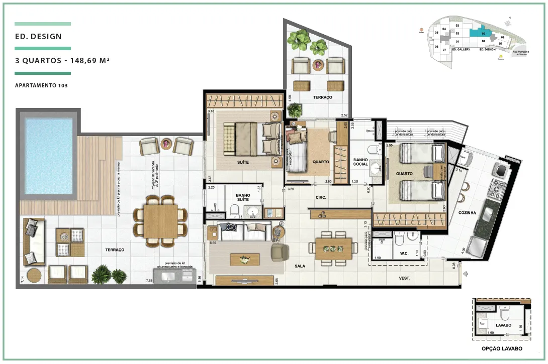  Área Privativa 148,69m² - 03 quartos - ED. DESIGN (TERRACES)