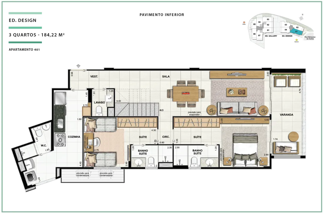 Área Privativa 184,22m² - 03 quartos - ED. DESIGN (PAV. INFERIOR)