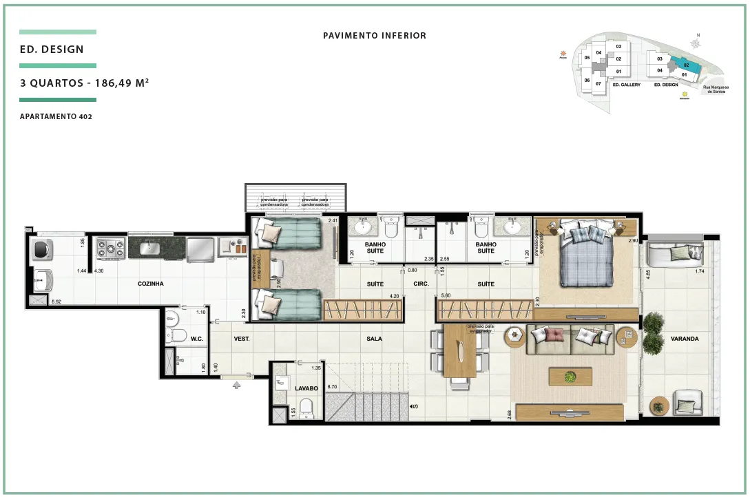  Área Privativa 186,49m² - 03 quartos - ED. DESIGN (PAV. INFERIOR)