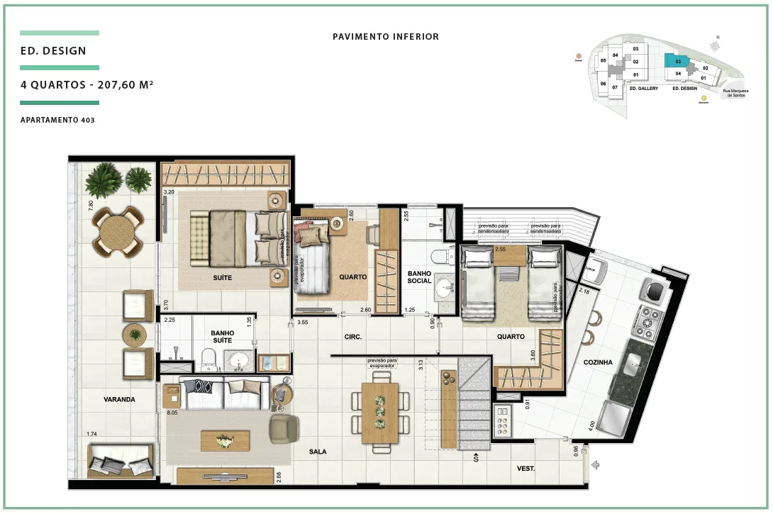 Área Privativa 207,60m² - 04 quartos - ED. DESIGN (PAV. INFERIOR)