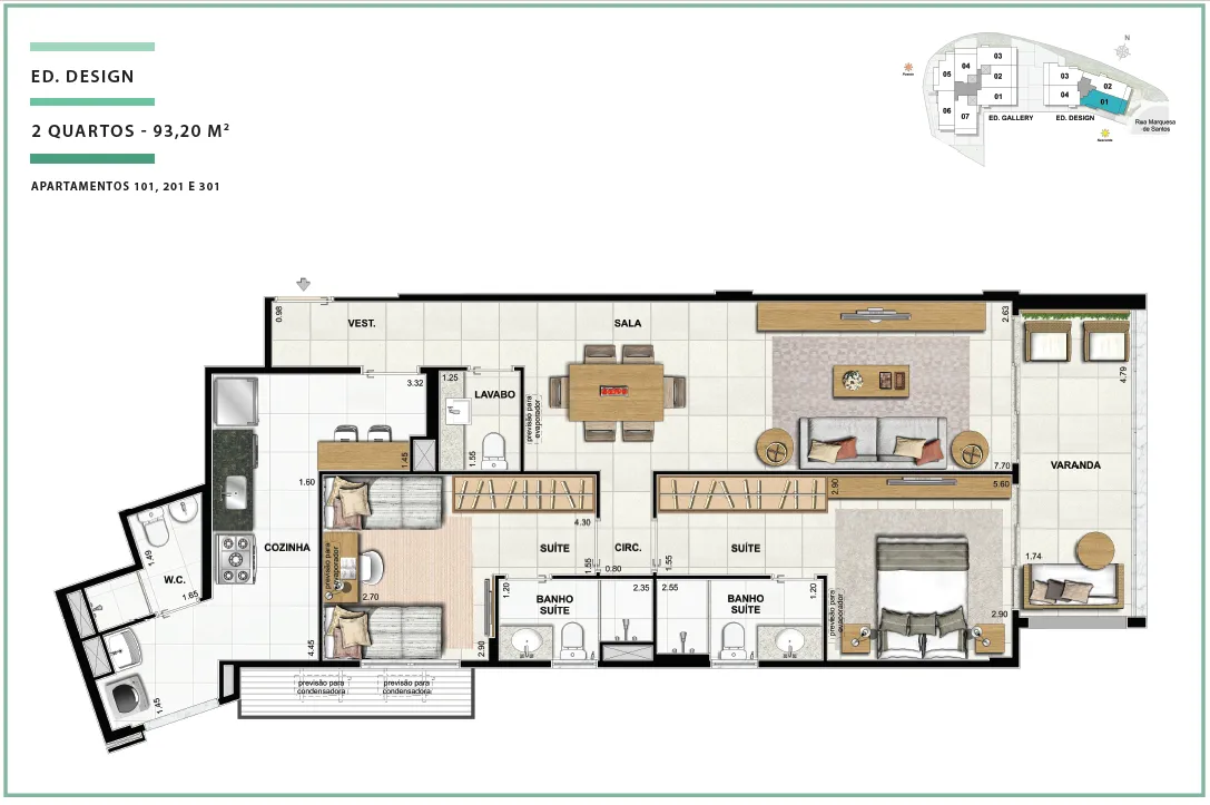 Área Privativa 93,20m² - 02 quartos - ED. DESIGN (APTOS)