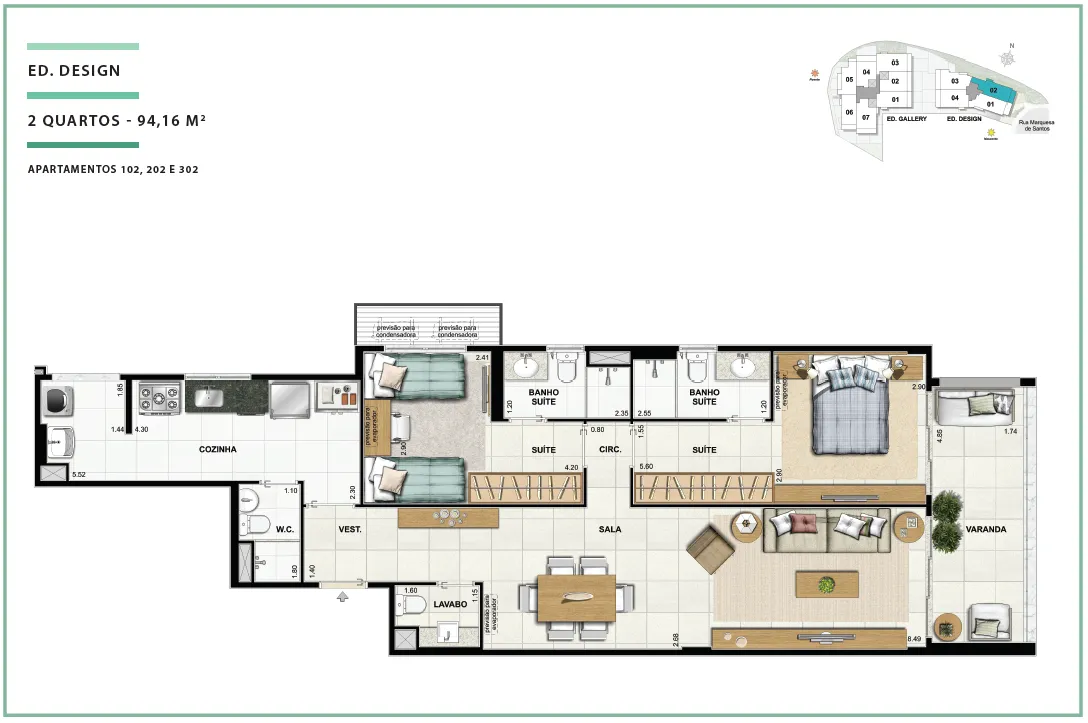  Área Privativa 94,16m² - 02 quartos - ED. DESIGN (APTOS)