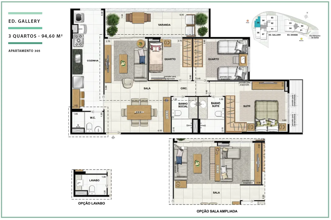 Área Privativa 94,60m² - 03 quartos - ED. GALLERY (APTOS)