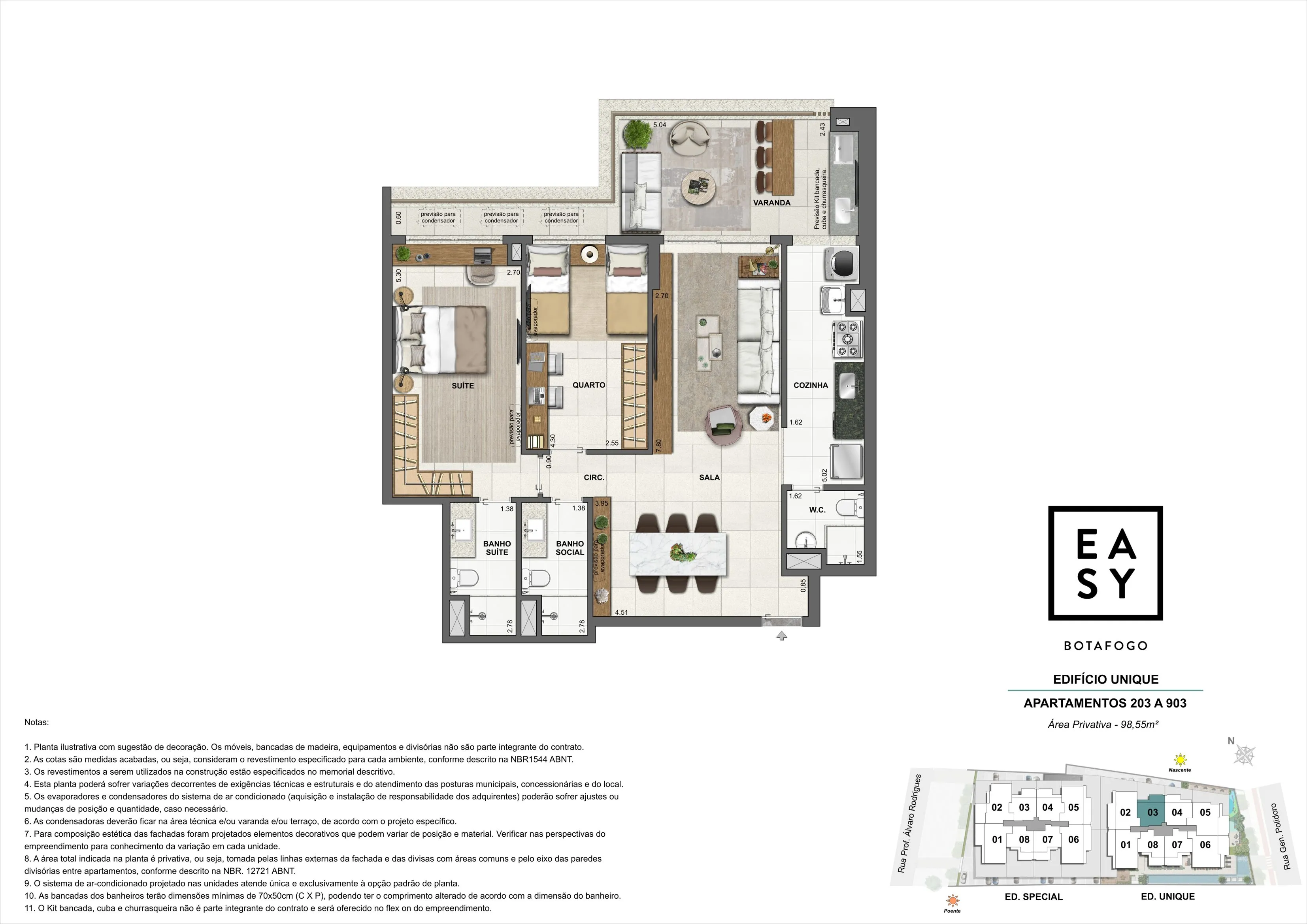 Planta dos apartamentos 203 a 903 do Edifício Unique