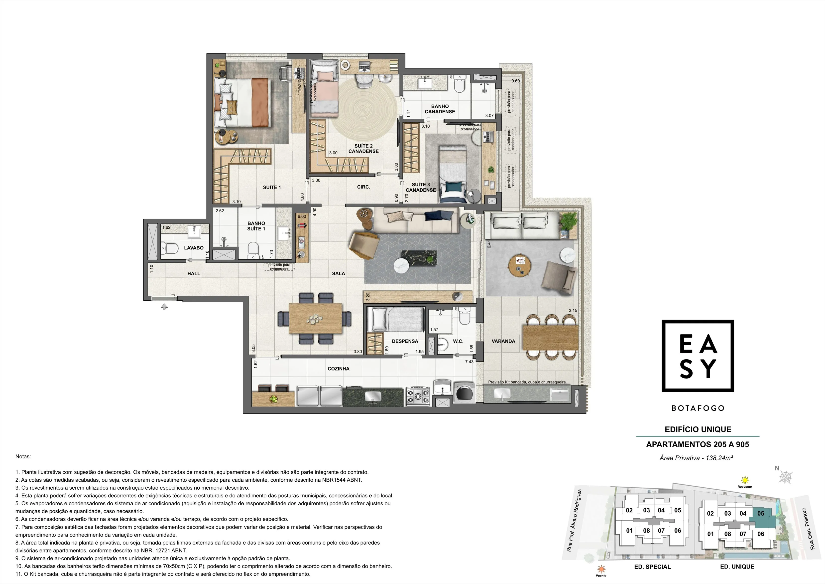 Planta dos apartamentos 205 a 905 do Edifício Unique