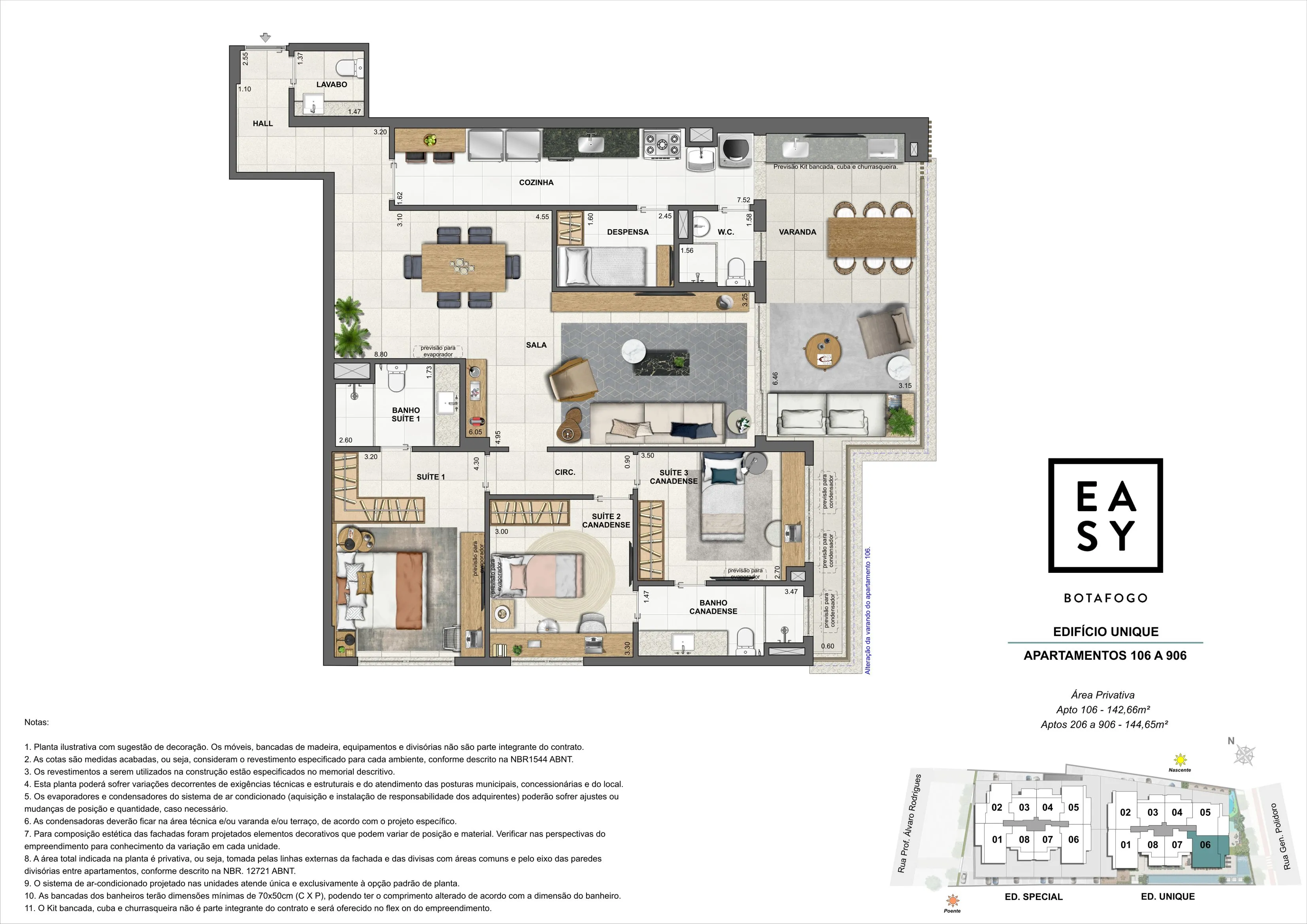 Planta dos apartamentos 206 a 906 do Edifício Unique