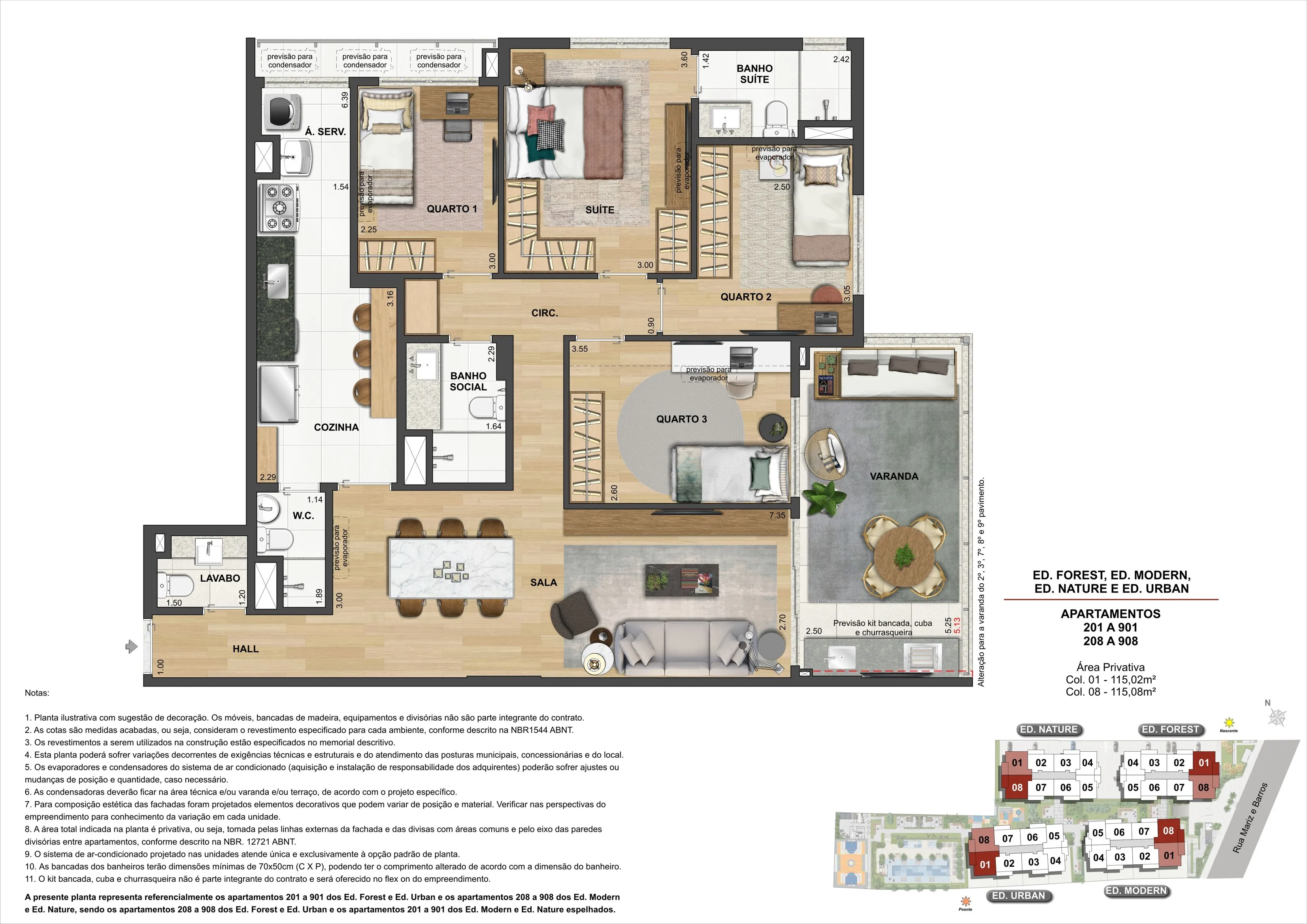Plantas dos apartamentos 201 a 901 e 208 a 908