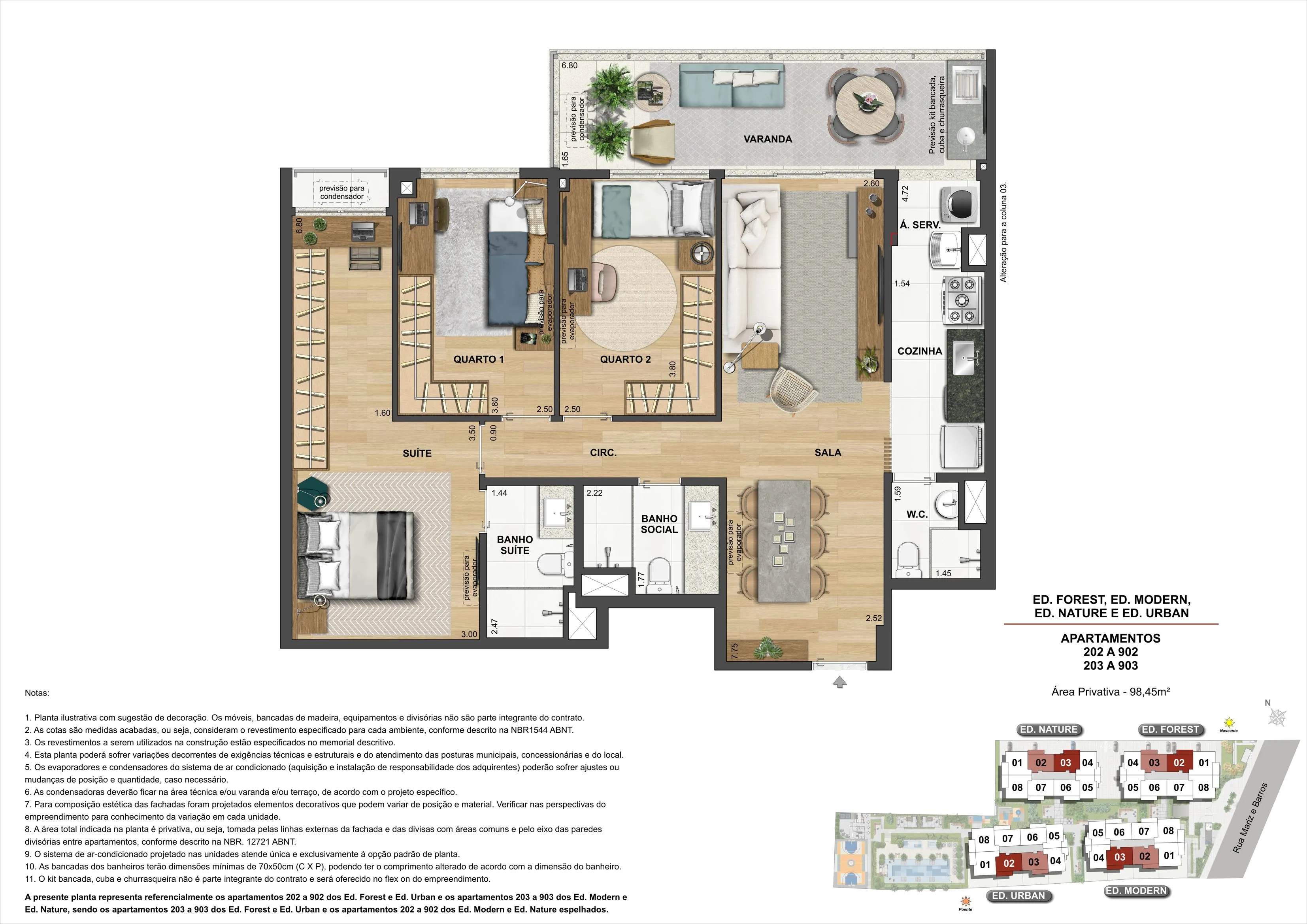 Plantas dos apartamentos 202 a 902 e 203 a 903