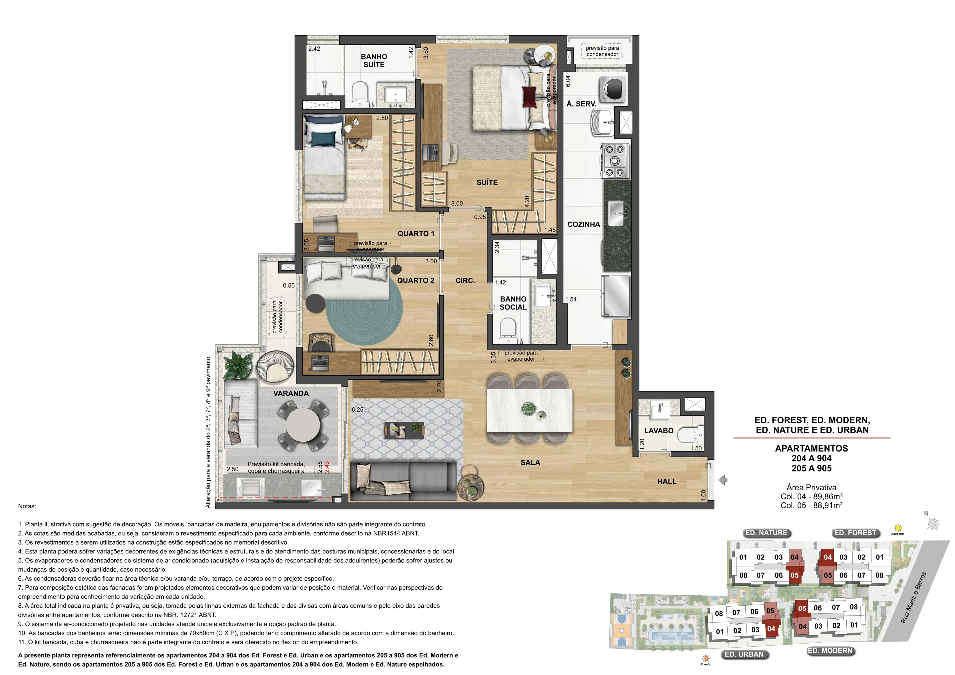 Plantas dos apartamentos 204 a 904 e 205 a 905