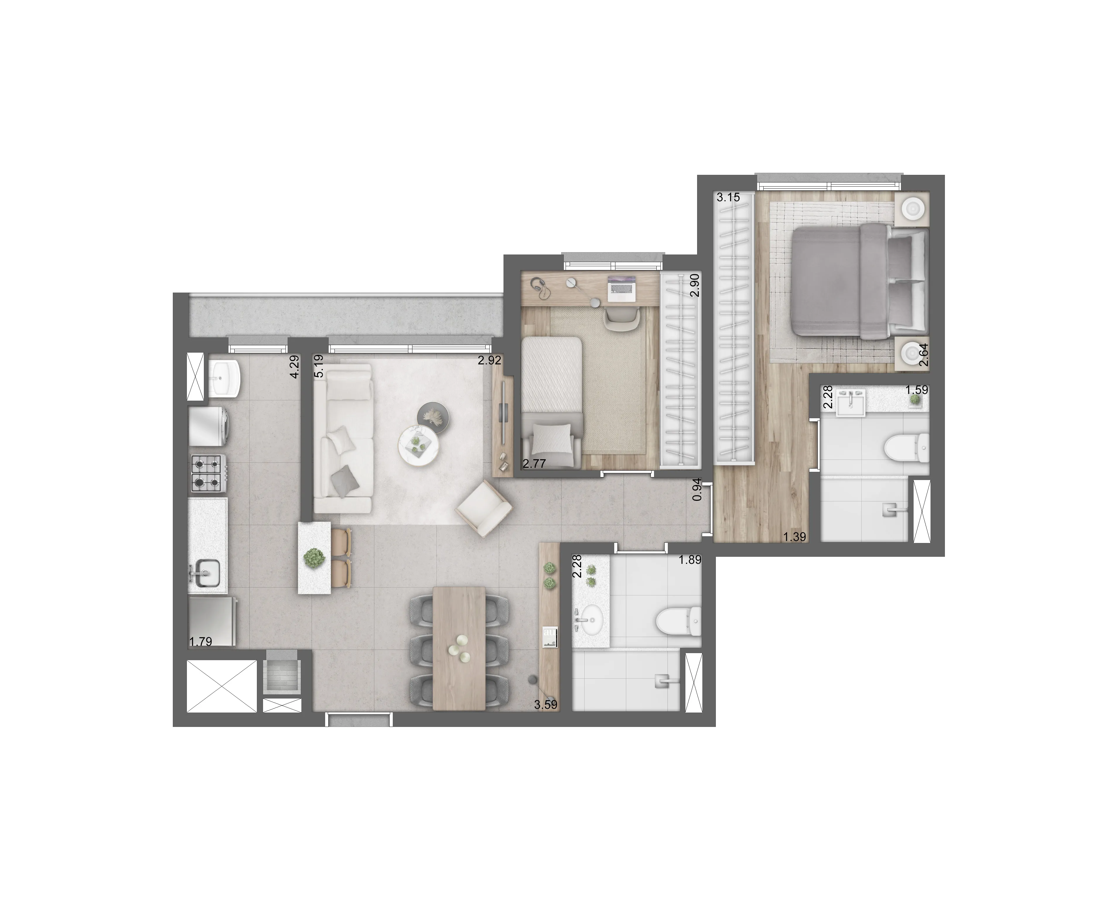 Planta 2 dorms. com suíte | 68m²