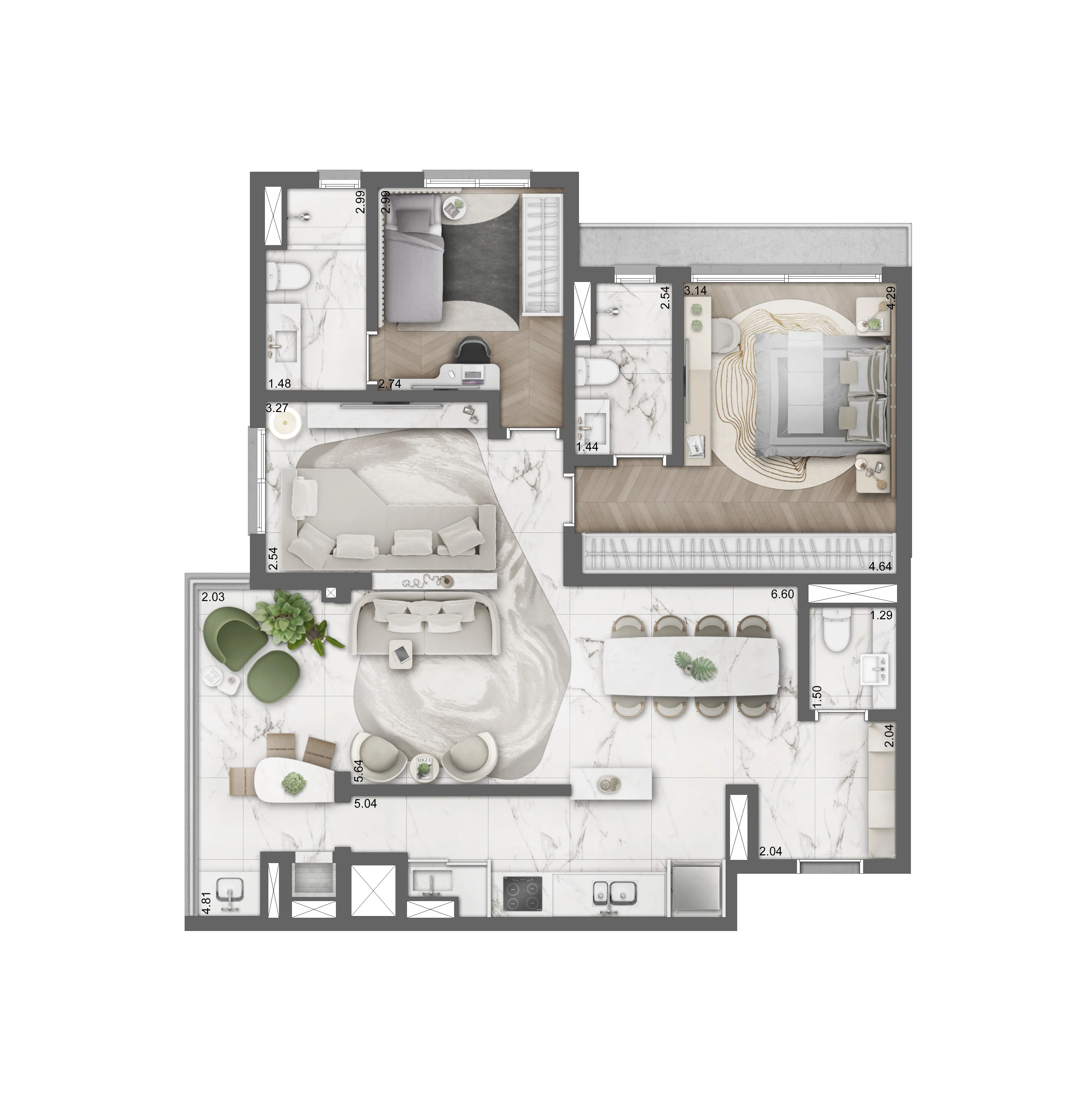 Planta 2 suítes e living estendido | 106m²