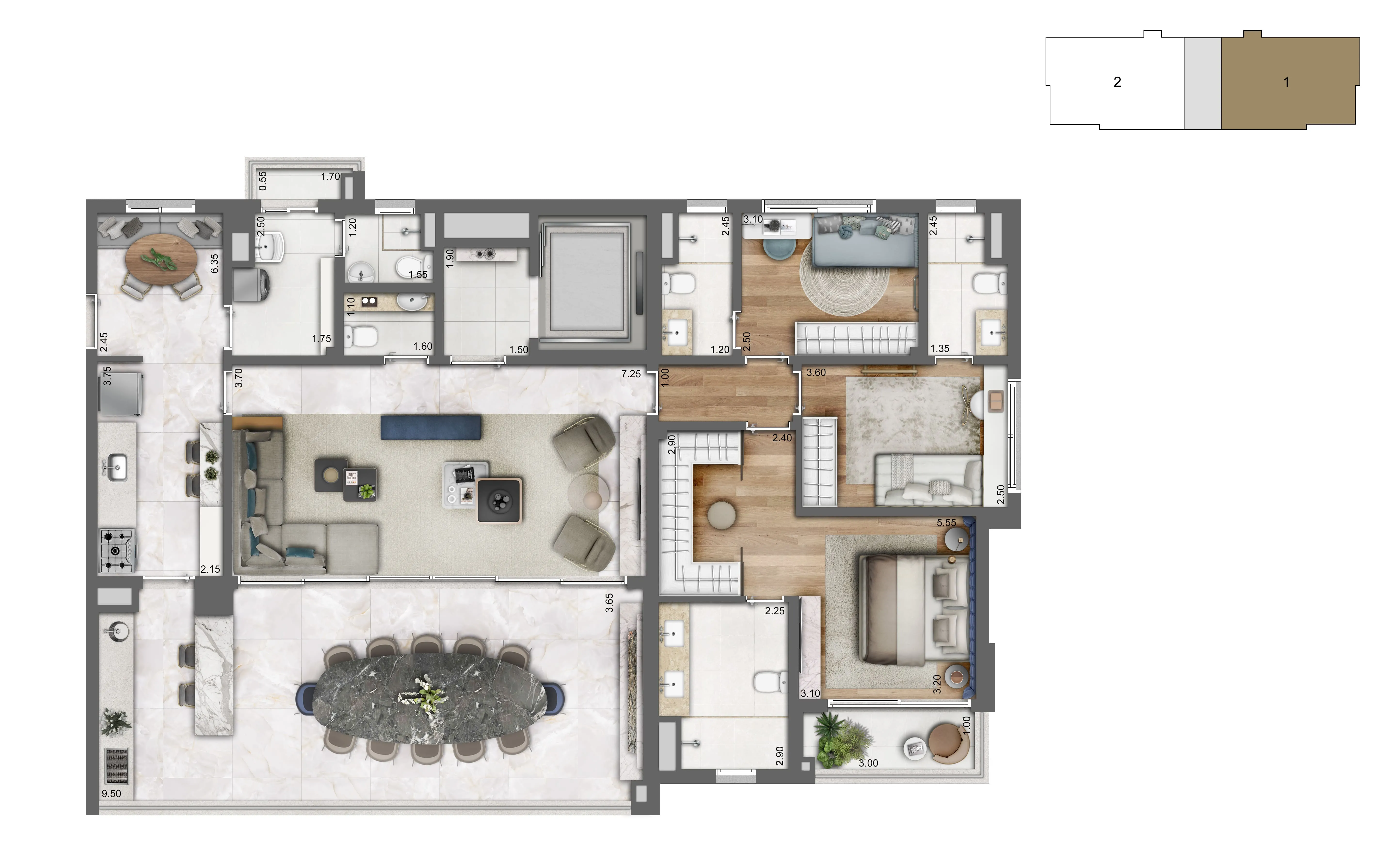 Planta-tipo 166 m² | 3 Suítes