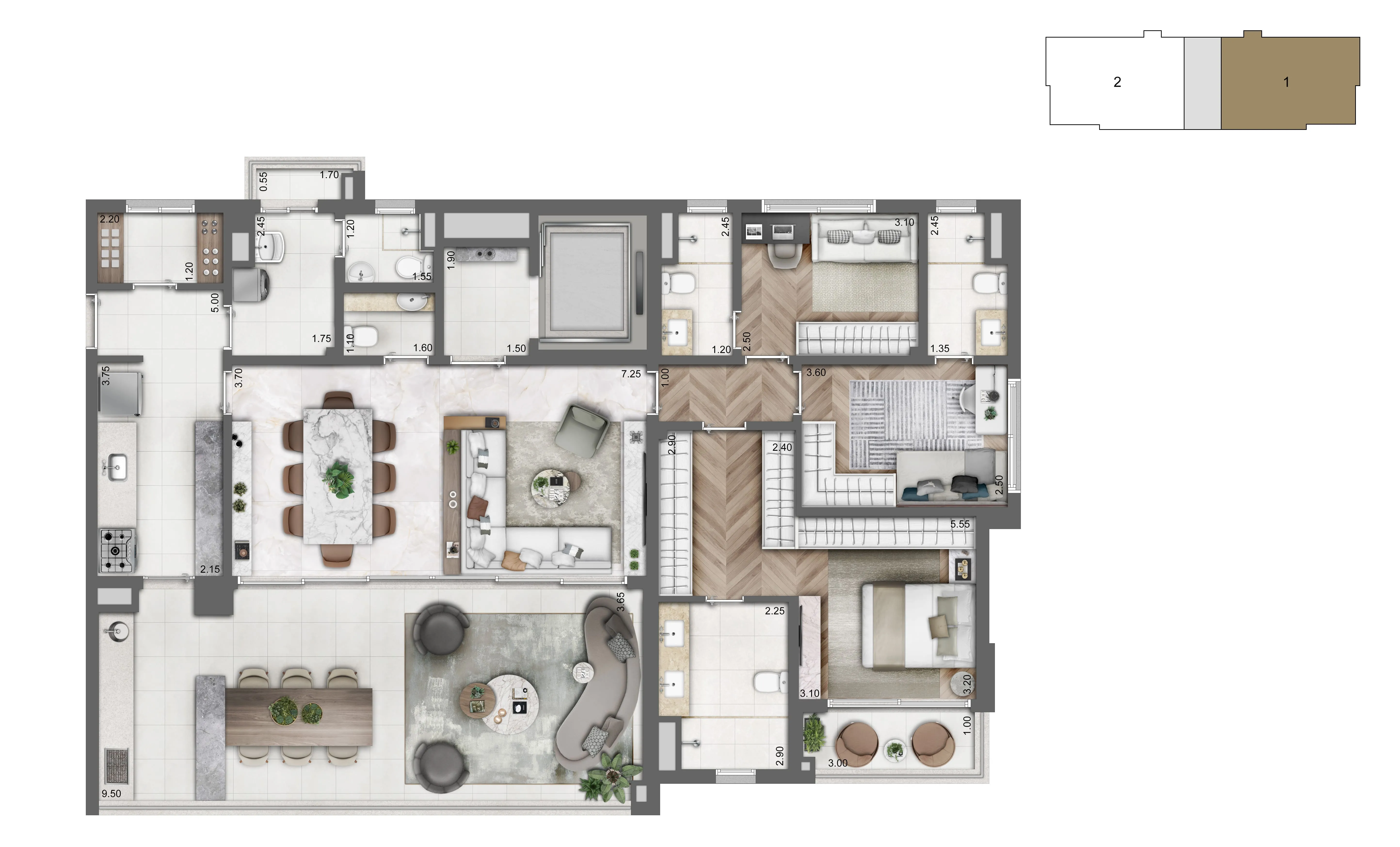 Planta Opção 166 m² | 3 Suítes