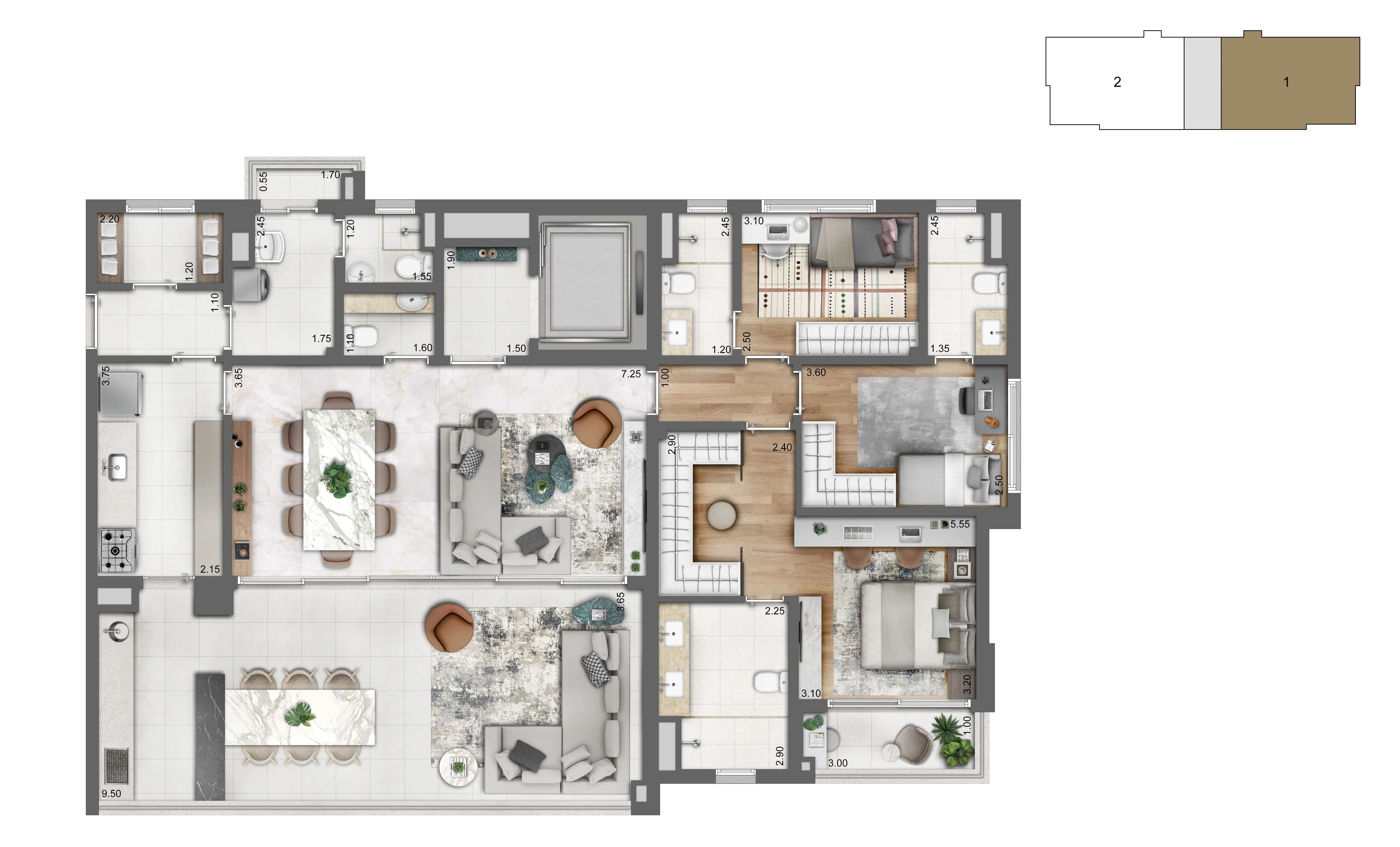 Planta Opção 166 m² | 3 Suítes