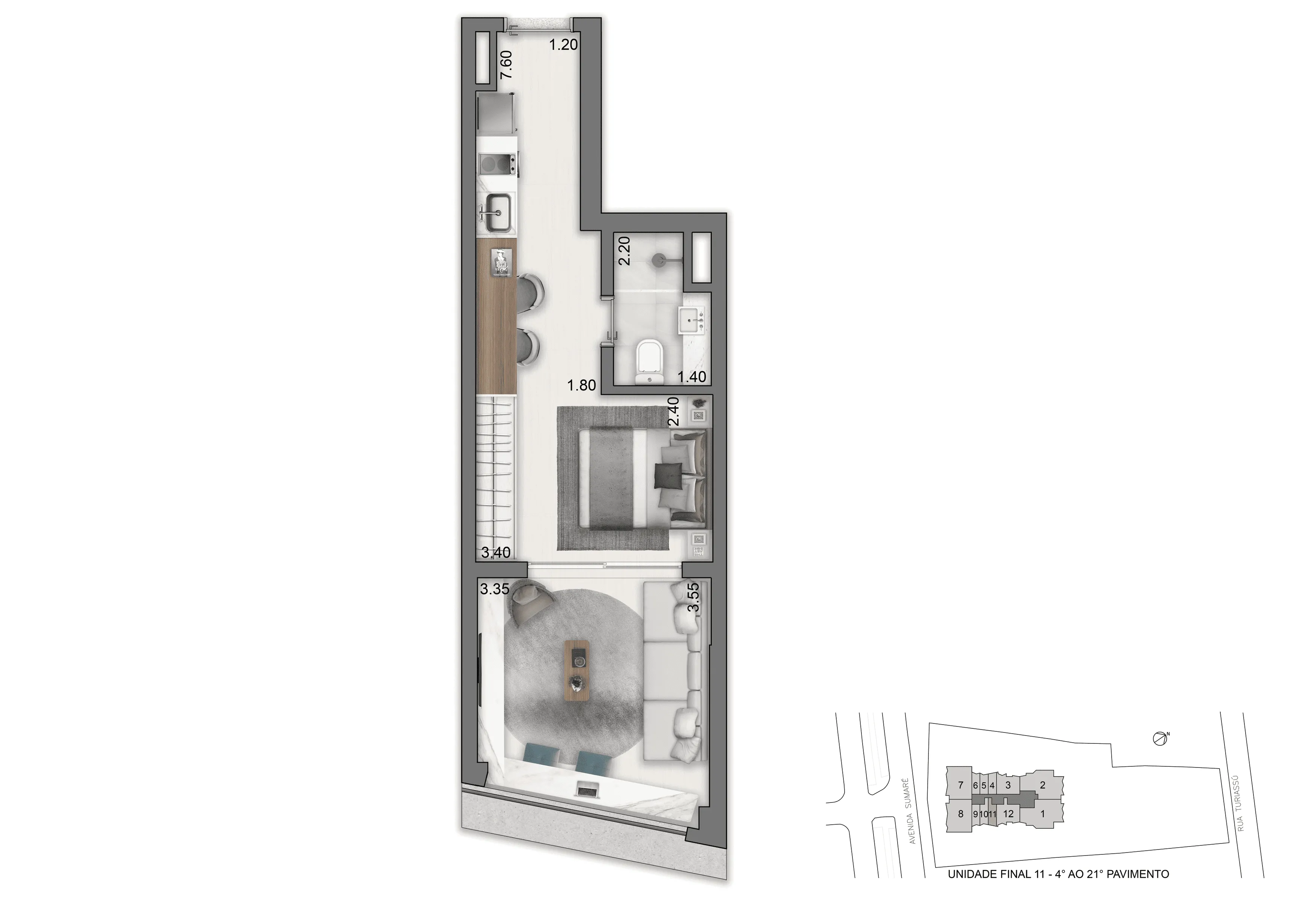 Planta-tipo 36 m² | Studio