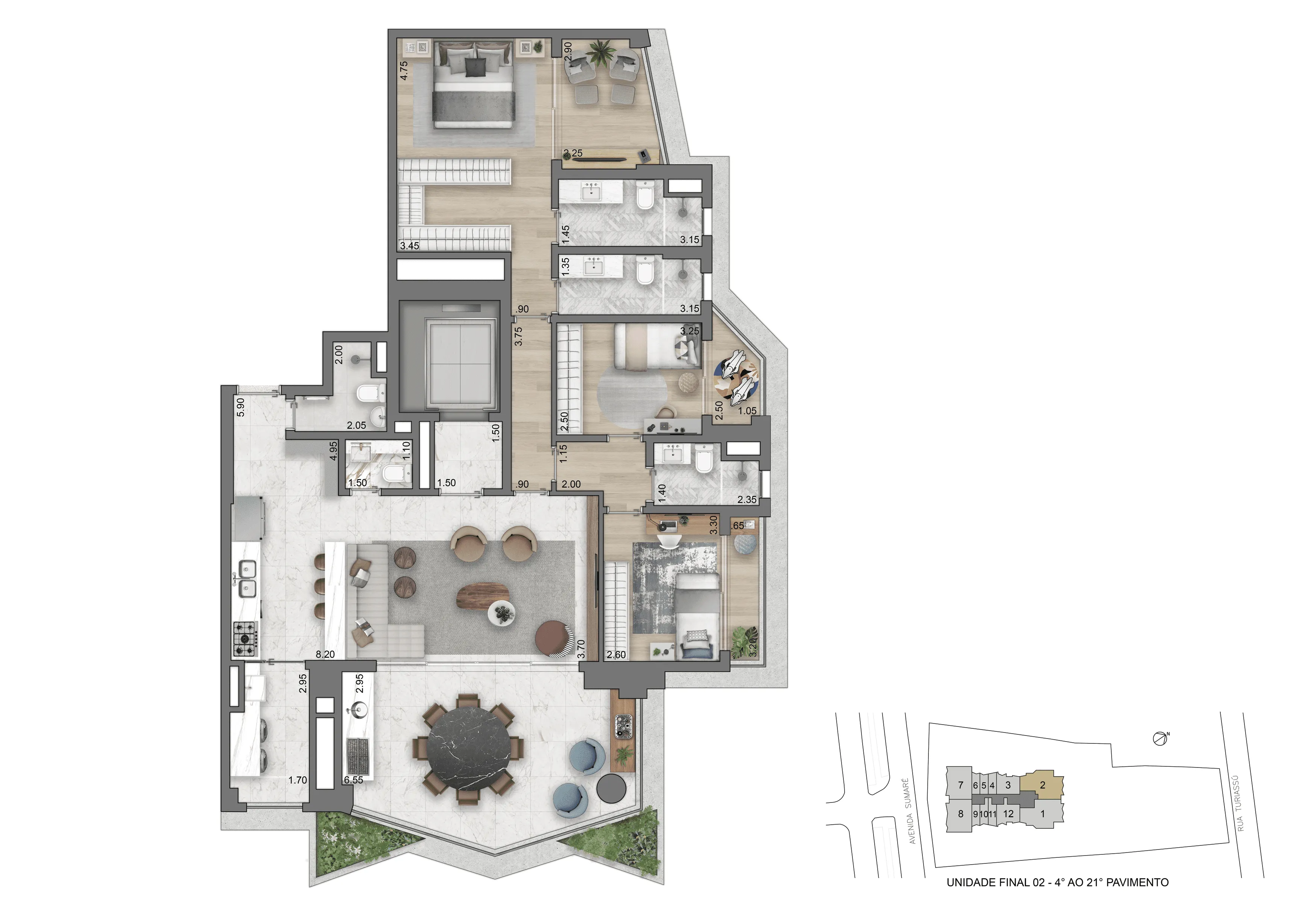Planta Opção 161 m² | 3 Suítes