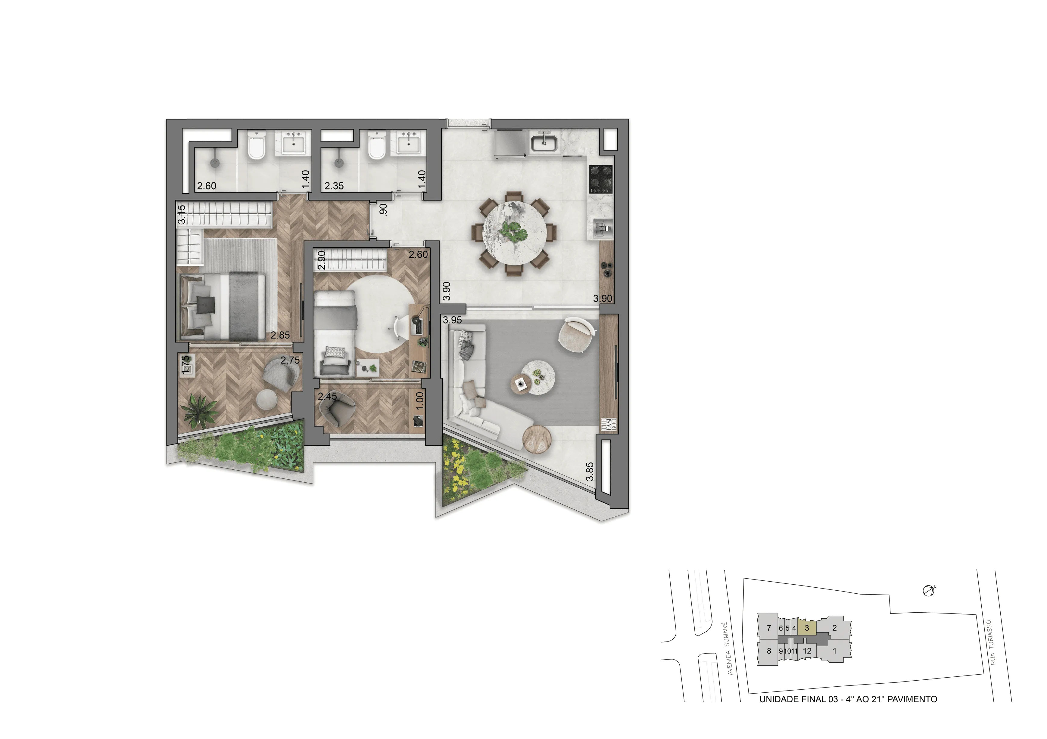 Planta-tipo 77 m² | 2 Dorms.