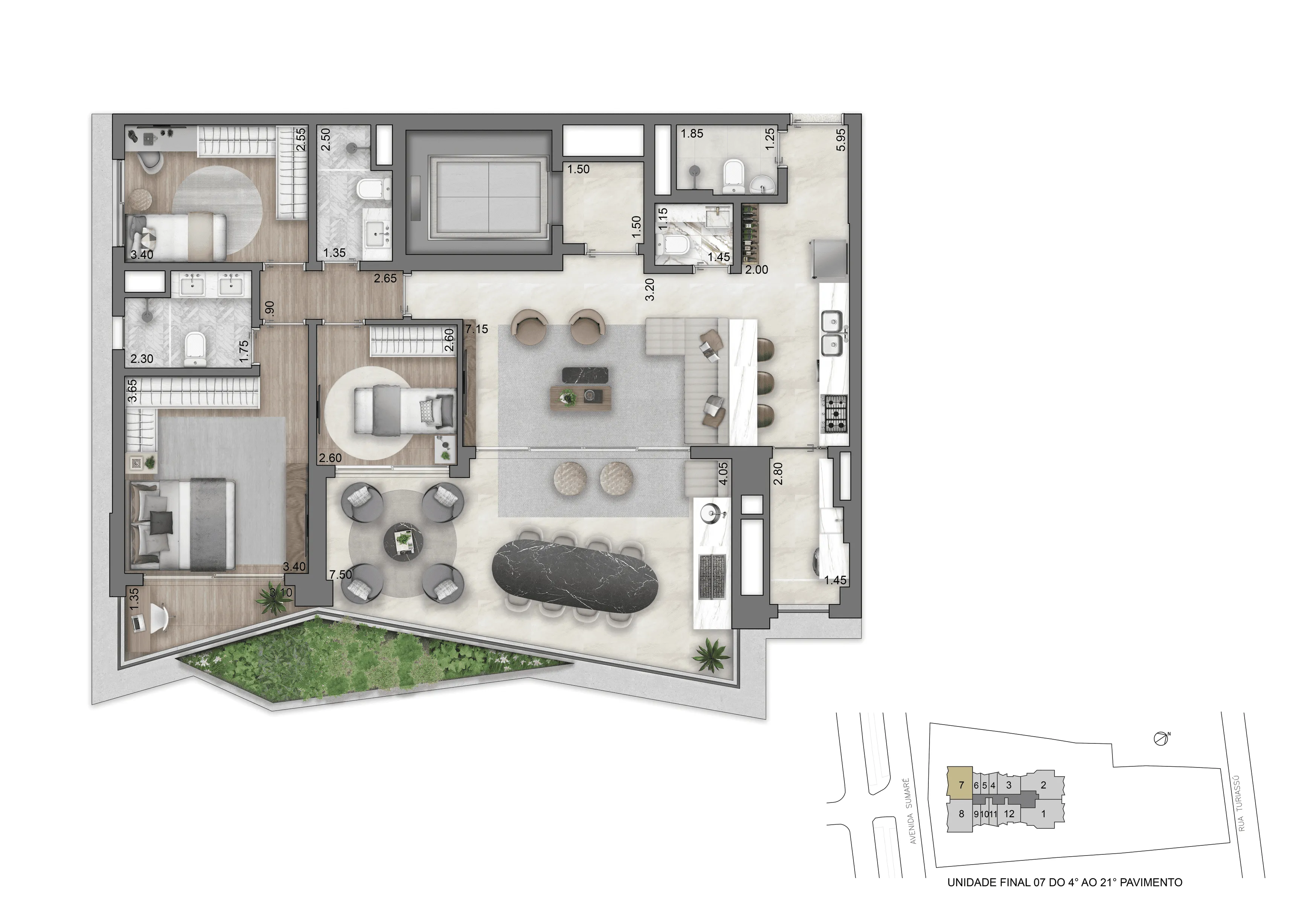Planta Opção 132 m² | 3 Dorms.