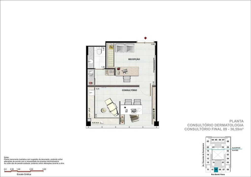 Consultório com 36m² - Sugestão de consultório de Dermatologia