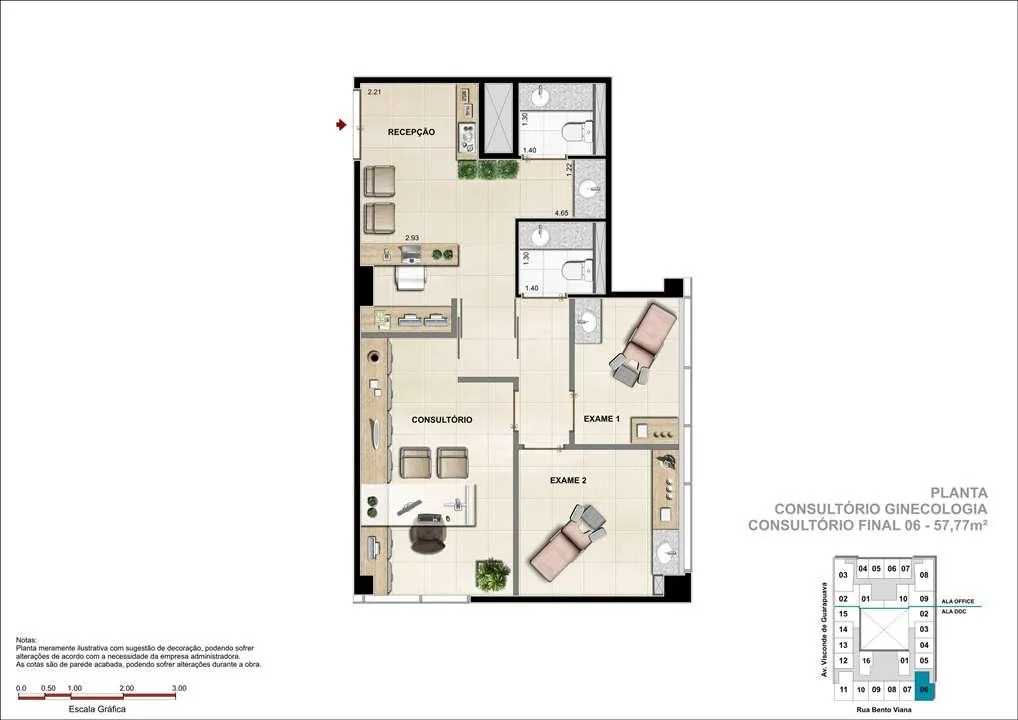 Consultório com 57m² - Sugestão de consultório de Ginecologia