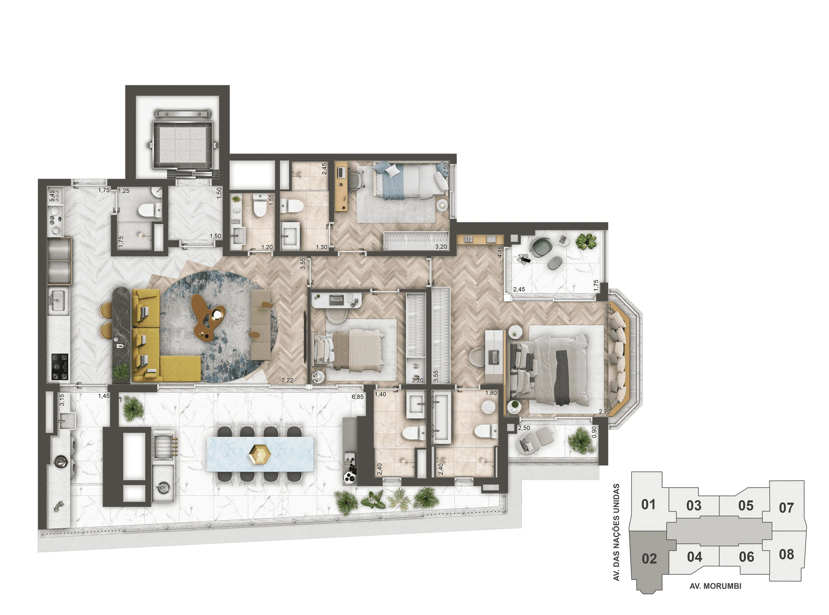 Planta Opção 144 m² | 3 Suítes - Bay Window