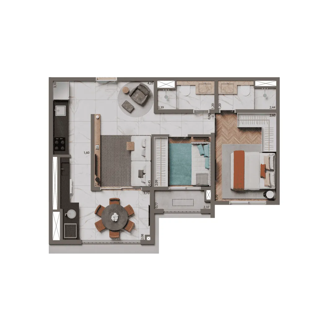 Planta Padrão 58m²  | 2 Dorms (1 Suíte)