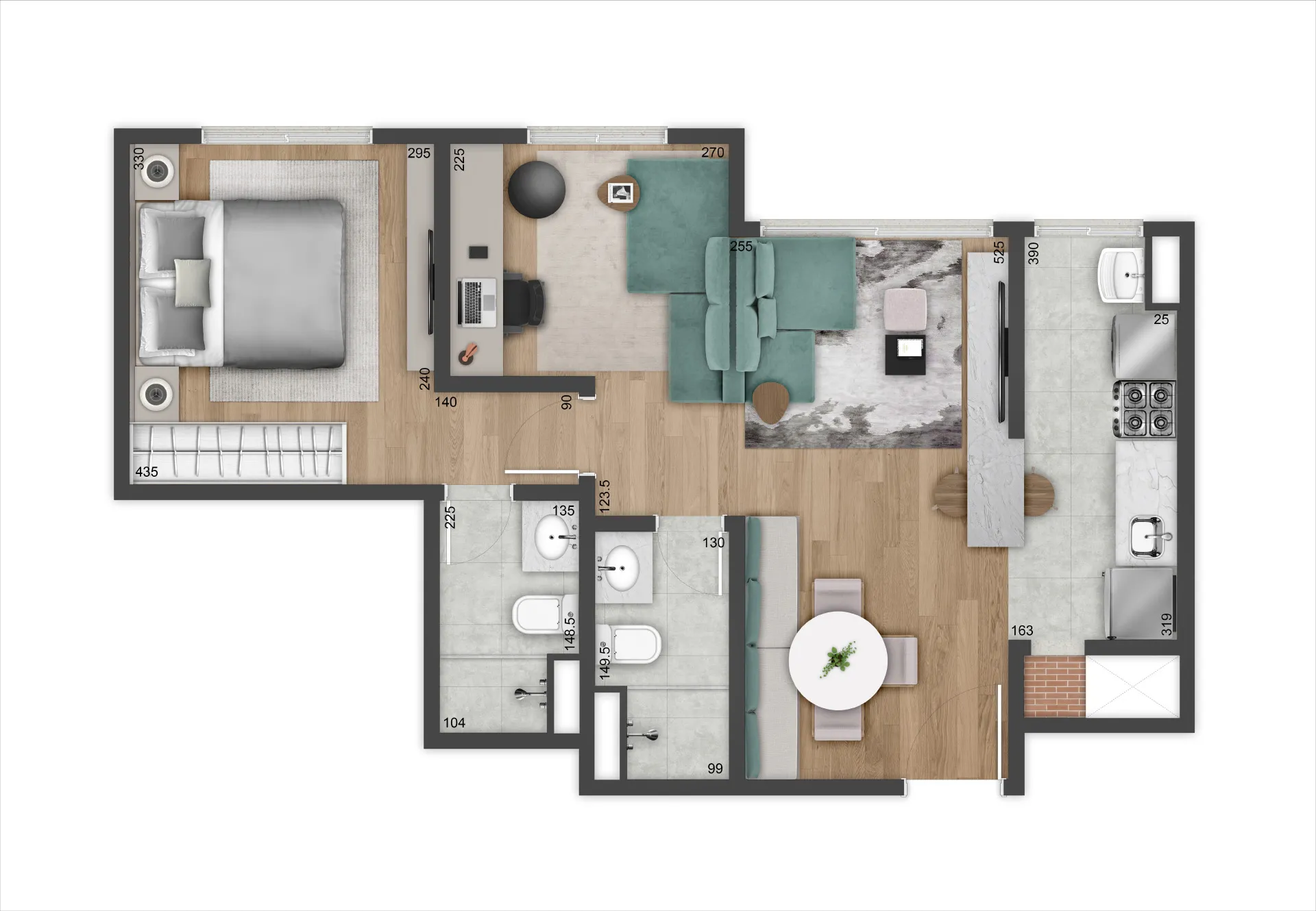 Planta | 1 dorm com home office e living estendido | 56m²