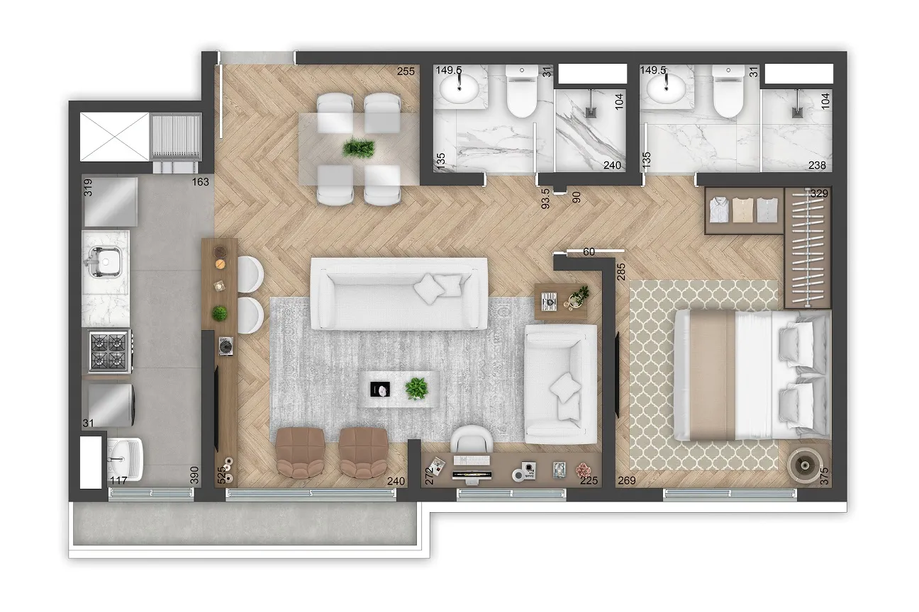 Planta | 1 dorm com living estendido | 56m²