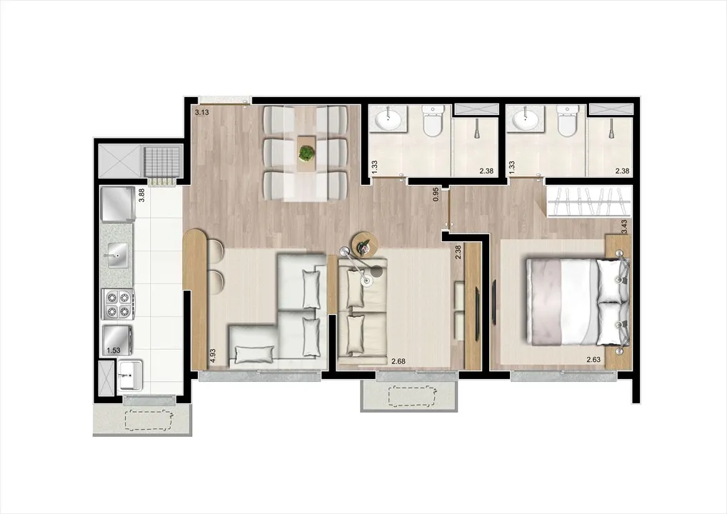 Planta | 1 dorm com living estendido