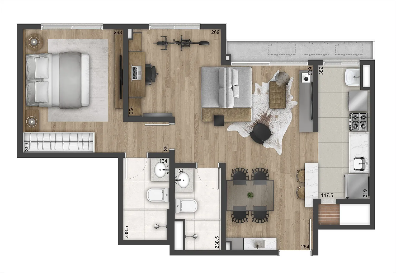 1 dorm living estendido e home office | 58m²
