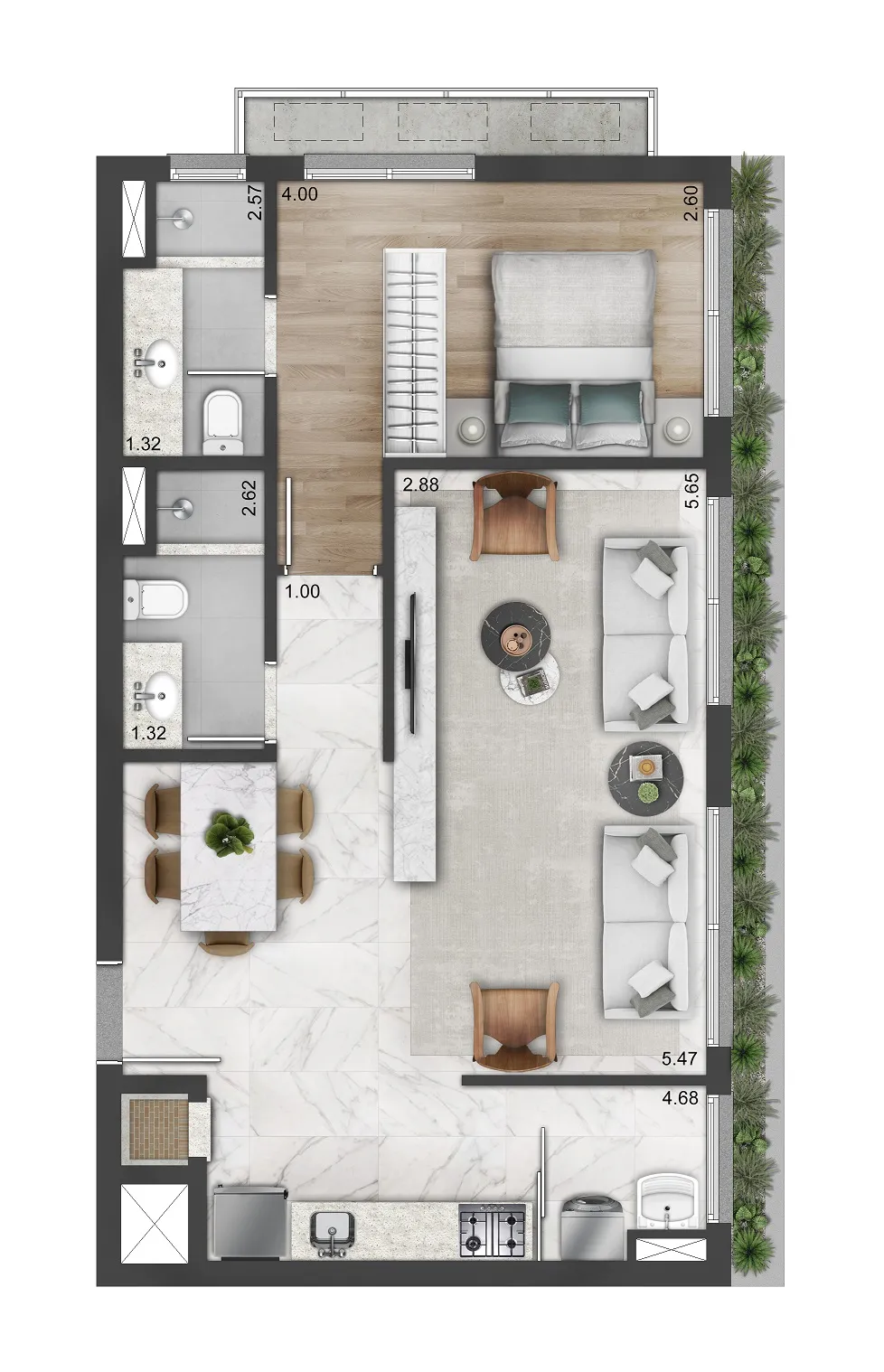 1 dormitório com living estendido - 69m²