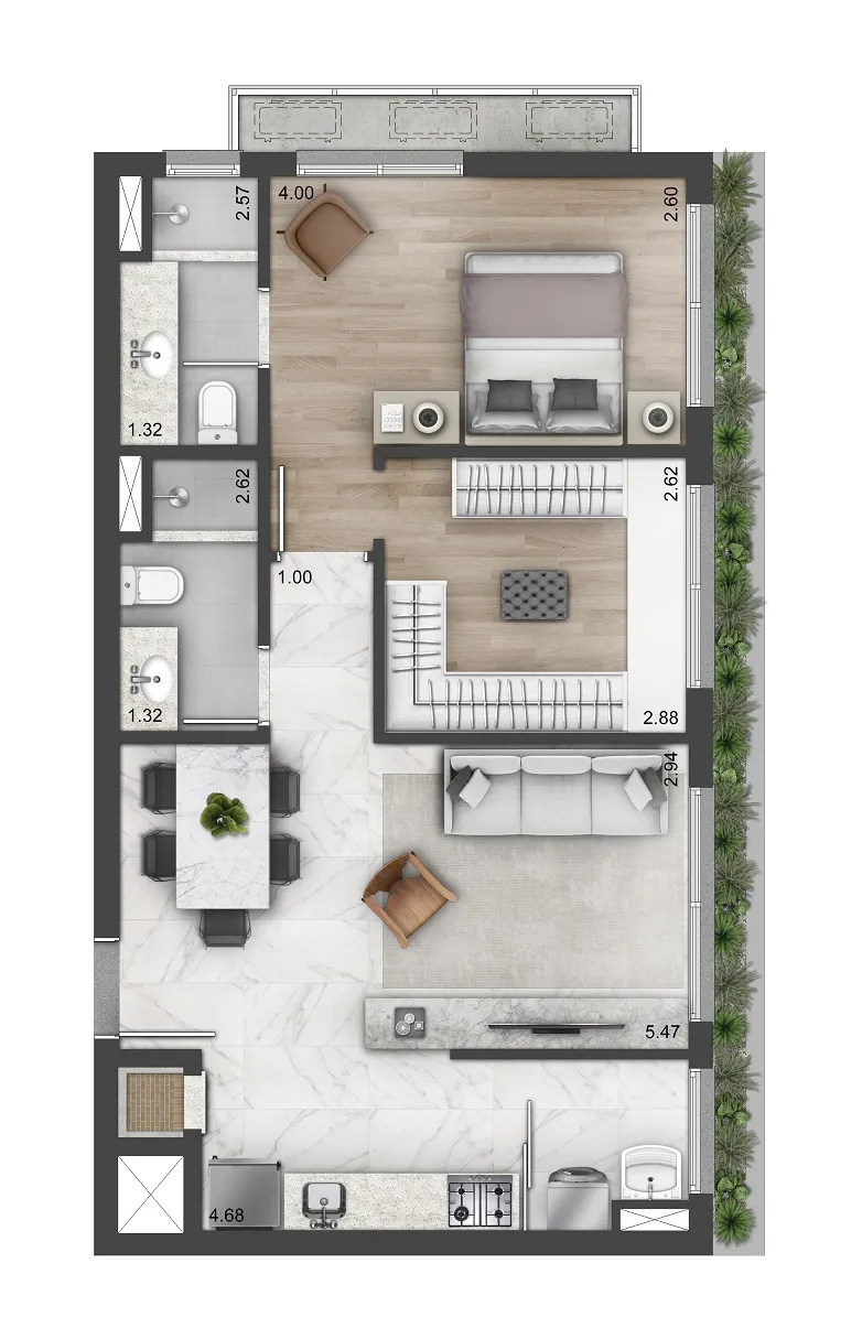 1 dormitório com suíte master - 69m²