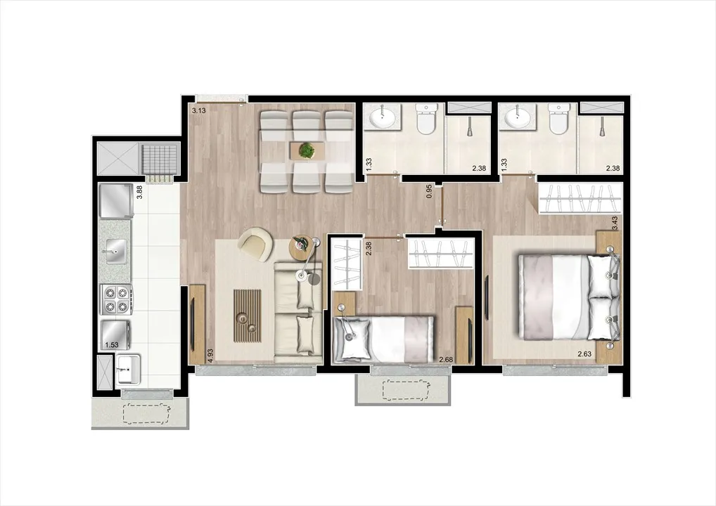 Planta | 2 dorm 57m²
