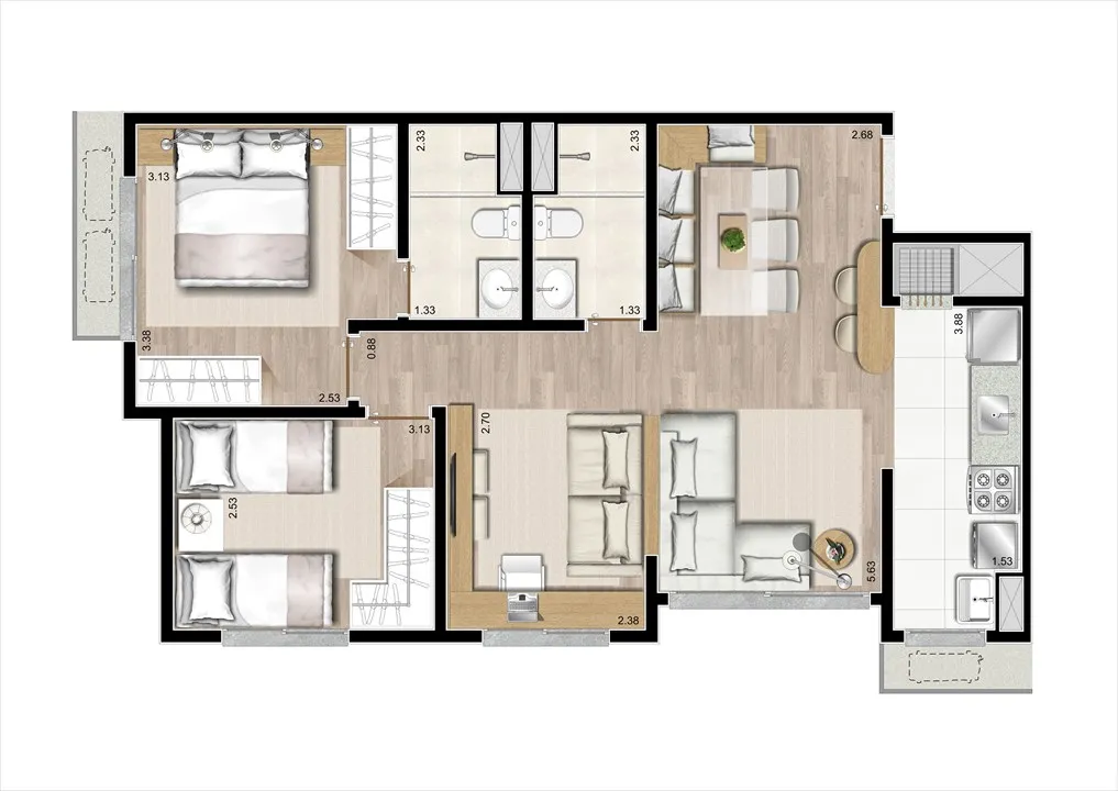 Planta | 2 dorms com living estendido 67m²